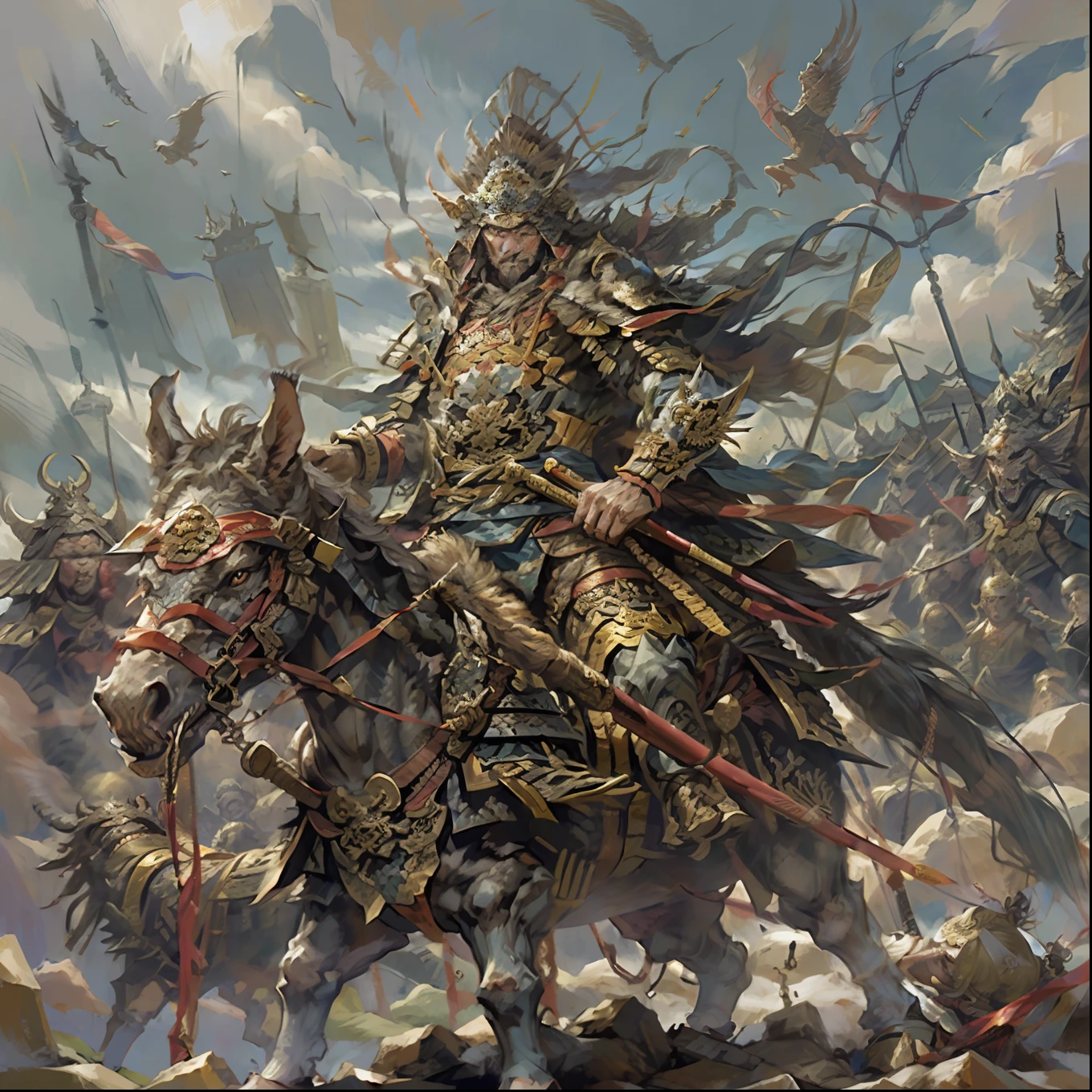 An ancient general of the Western Han Dynasty of China,Hand-held modern Chinese Western Han weapons,ride horse,Stand on the battlefield,Look at the army in the distance