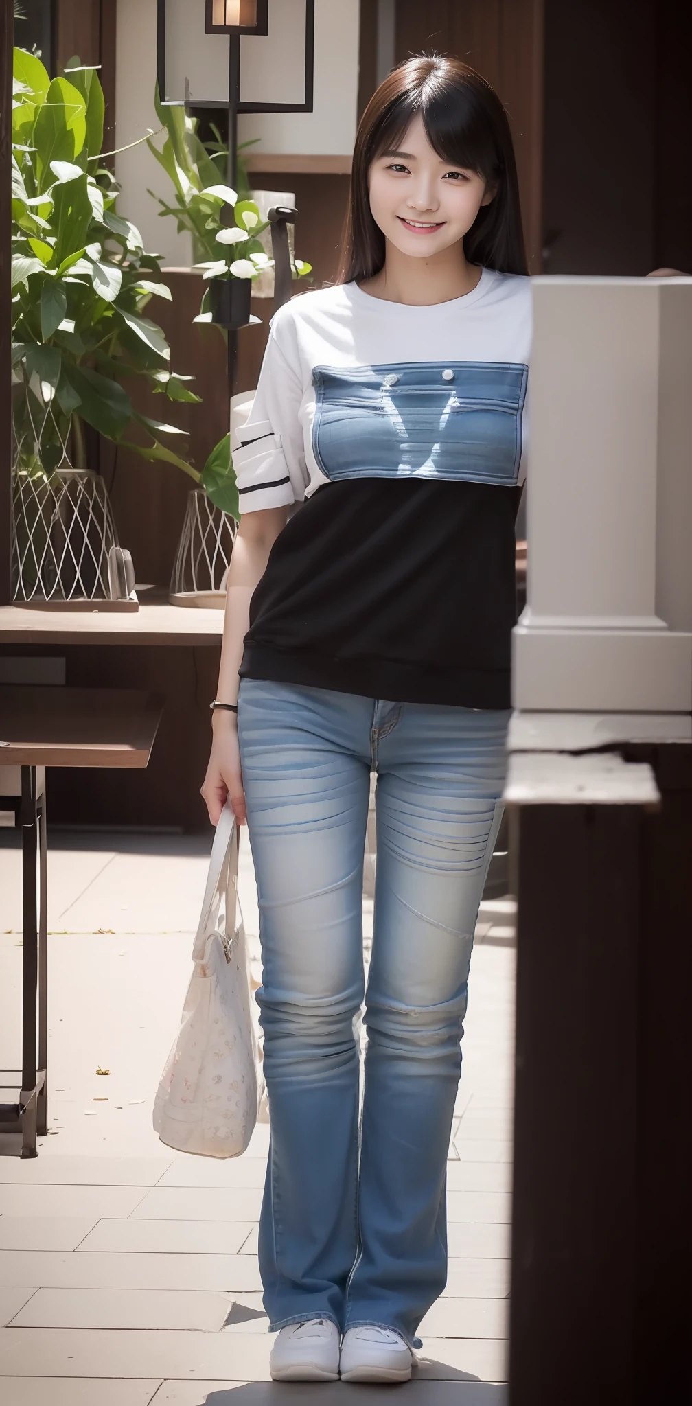 Zhu Ai_Villas，RAW photos，Brand photos，（highdetailskin：1.2），8k ultra high definition，digital SLR camera，gentlesoftlighting，high high quality，filmgrain，富士XT3，18 year old Asian girl，Wear simple clothes，T-shirt and skinny jeans，perfect body figure，Super detailed facial details and skin，Fair and tender face and skin，A sweet smile，Playful and cute pose，fully body photo
