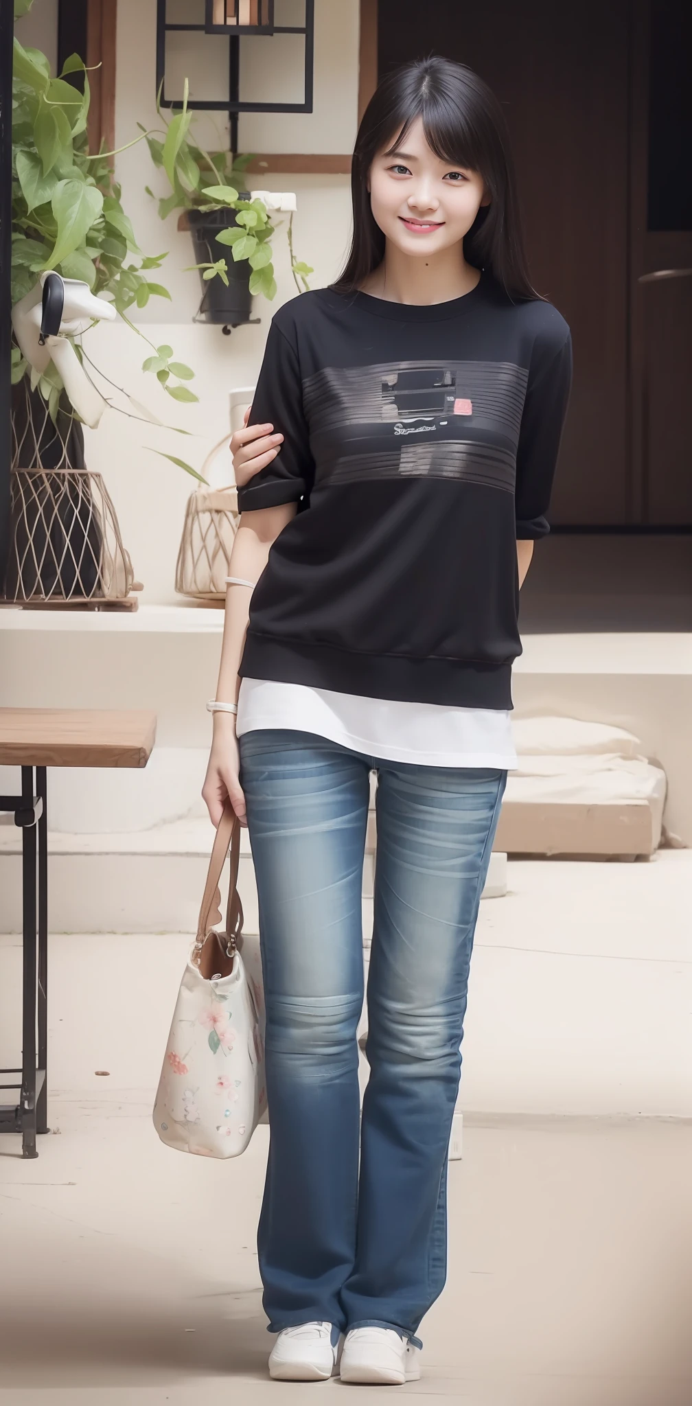 Zhu Ai_Villas,RAW photos,Brand photos,(highdetailskin:1.2),8k ultra high definition,digital SLR camera,gentlesoftlighting,high high quality,filmgrain,富士XT3,18 year old Asian girl,Wear simple clothes,T-shirt and skinny jeans,perfect body figure,Super detailed facial details and skin,Fair and tender face and skin,A sweet smile,Playful and cute pose,fully body photo