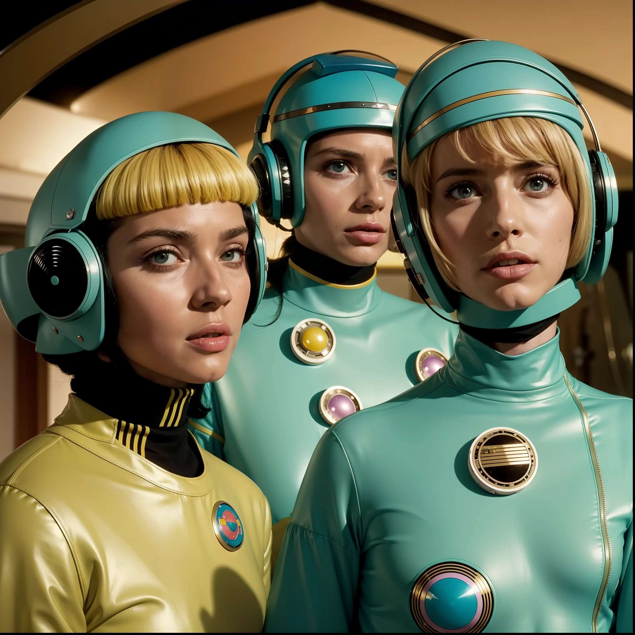 4k image from a 1970s science fiction film, imagem real, Estilo Wes Anderson, pastels colors, a man between two women wearing retro-futuristic fashion clothes and futuristic technological ornaments and devices, Luz Natural, cinemactic, Psicodelia, futurista estranho, retro-futurista,