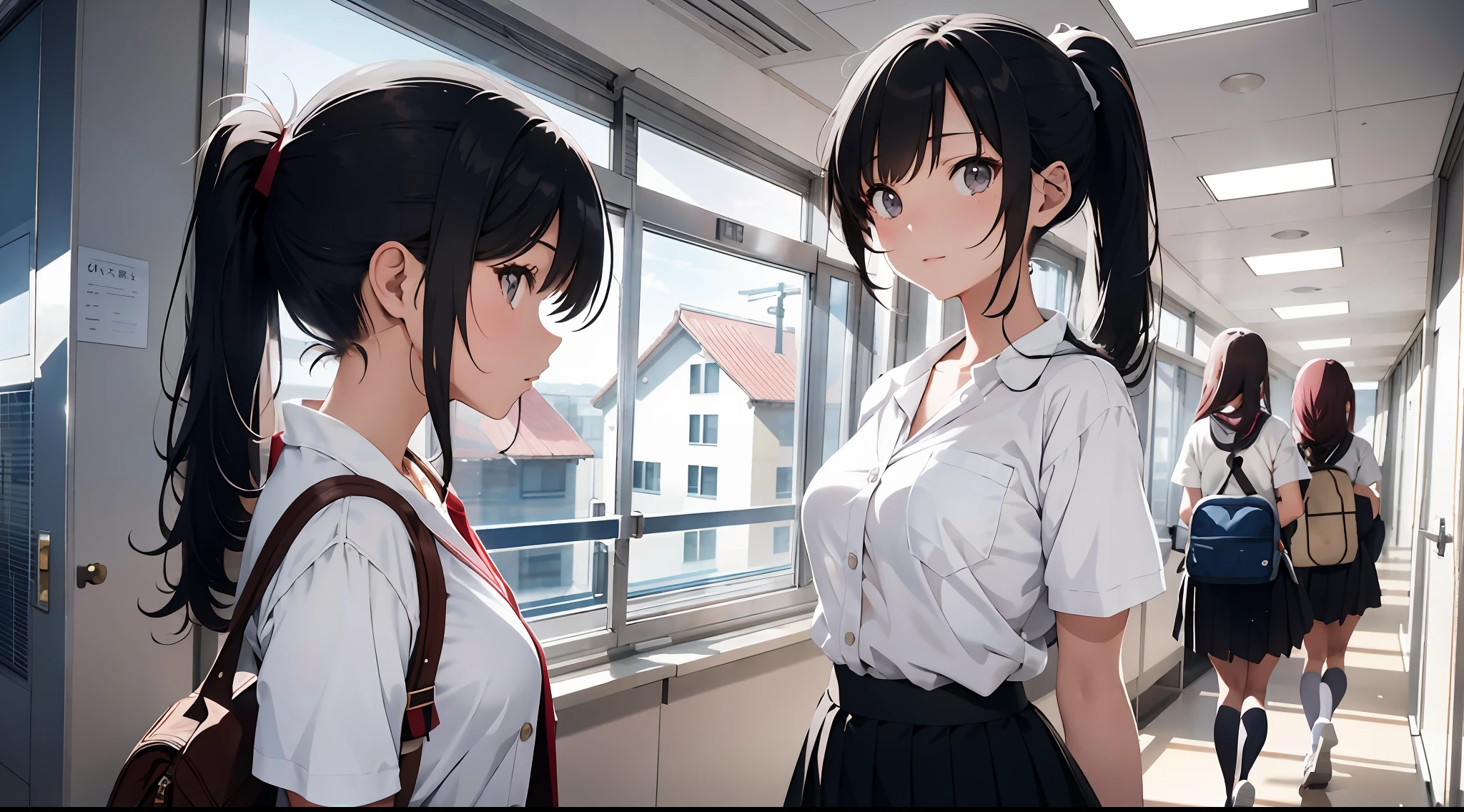 (Masterpiece, top quality) Perfect animated illustration, only one young woman, high school teacher, age late 20s, pretty face (profile), confident expression, ponytail, rough clothes (skirt and white blouse), light science lab coat over clothes, time afternoon, sunny The place is a hallway in the school, so that the whole body is in the illustration