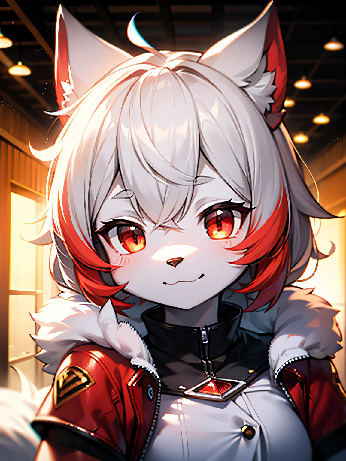 furry, white fur, ultra cute face, red elements on fur, beautiful lights and shadows, ambient light, ultra detailed fur, volumetric light