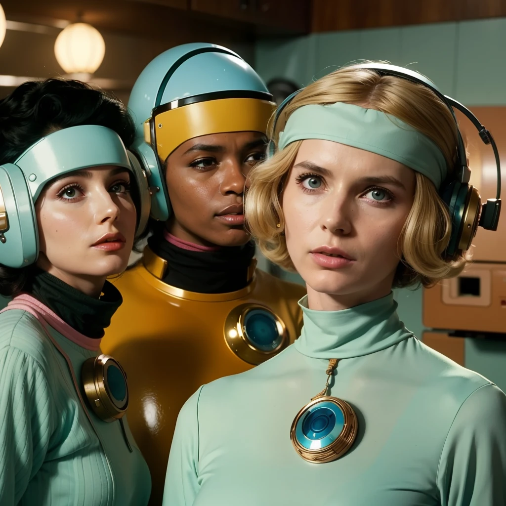 4k image from a 1970s science fiction film, imagem real, Estilo Wes Anderson, pastels colors, a man between two women wearing retro-futuristic fashion clothes and futuristic technological ornaments and devices, Luz Natural, cinemactic, Psicodelia, futurista estranho, retro-futurista,