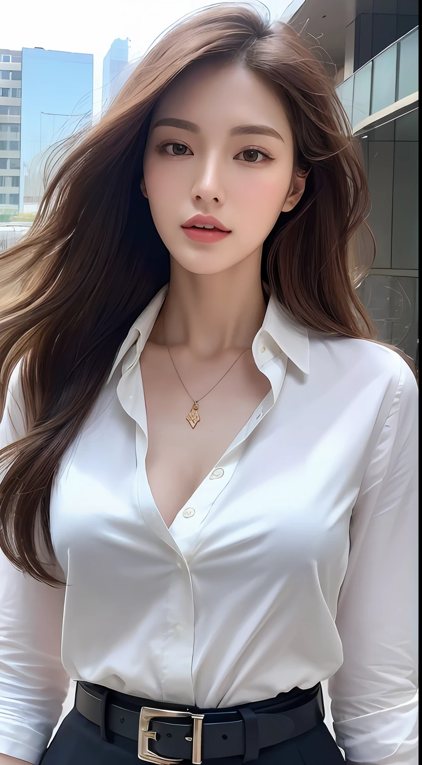 (Best quality, High resolution, Masterpiece :1.3), A tall and pretty woman, Slender abs, Dark brown hair styled in loose waves, Breasts, Wearing pendant, White button up shirt, Belt, Black skirt, (Modern architecture in background), Details exquisitely rendered in the face and skin texture, Detailed eyes, Double eyelid