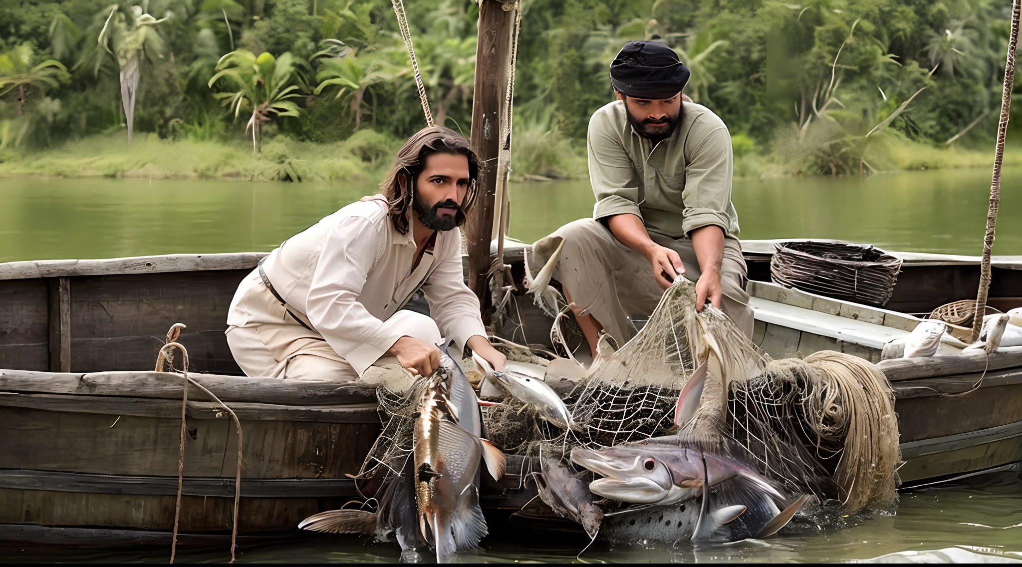 retrato do Jesus moderno com pescador a apanhar peixe no barco, cinematic lighthing, profundidade de campo, Bokeh, Realismo, fotorrealista, hiper-realismo, fotografia profissional, UHD, DSLR, HDR