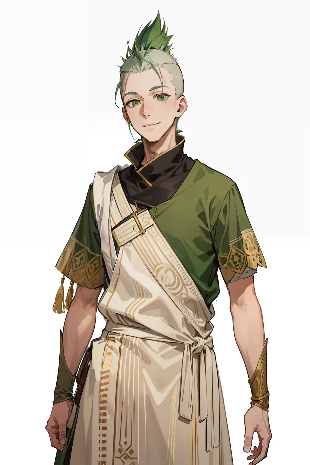 Screenshot of Anime A 28-year-old man with green color mohawk shorthair in a medieval European cloth costume stands looking at us with a very big smile。Fine line art 2020s anime