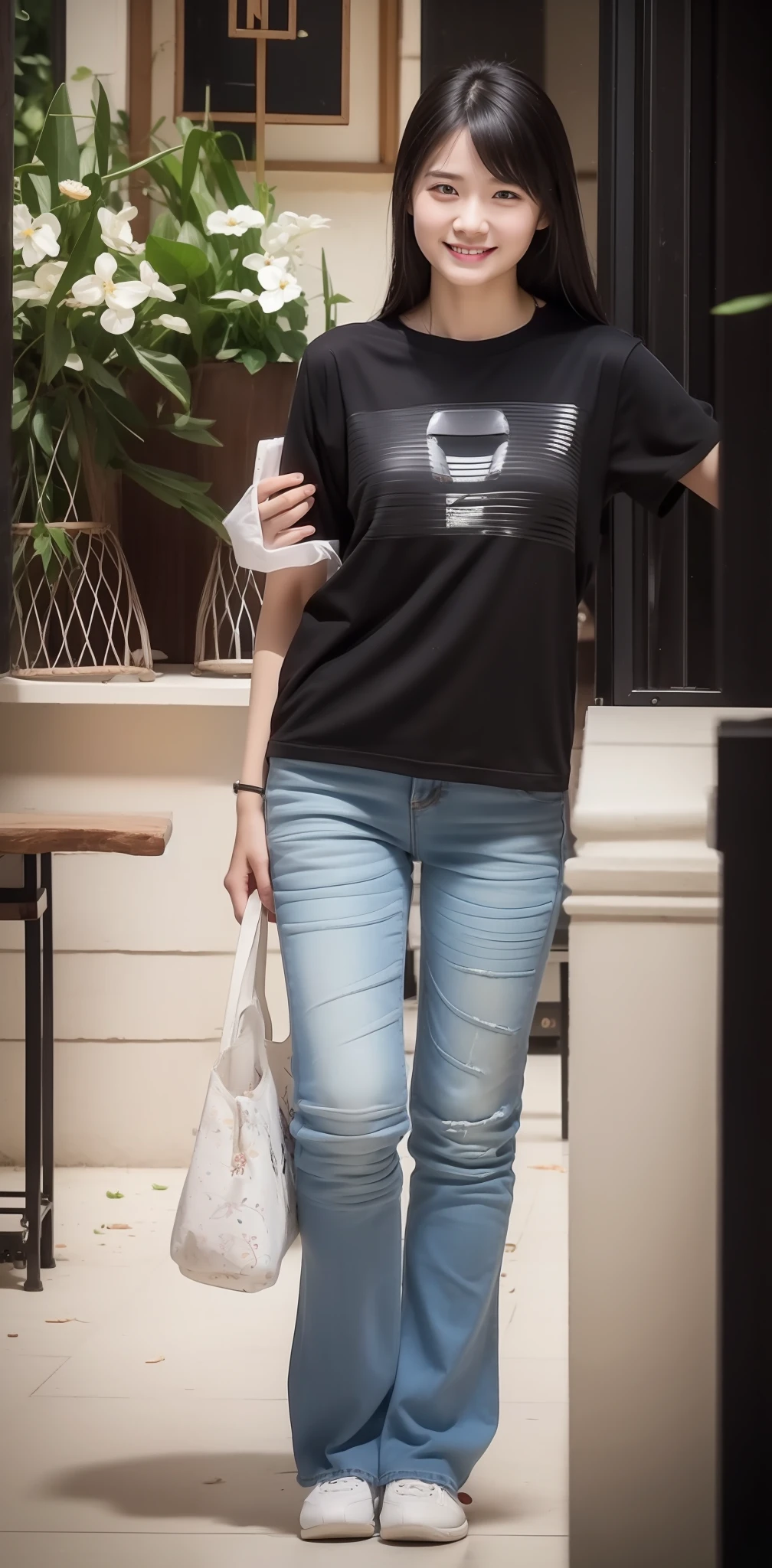 Zhu Ai_Villas，RAW photos，Brand photos，（highdetailskin：1.2），8k ultra high definition，digital SLR camera，gentlesoftlighting，high high quality，filmgrain，富士XT3，18 year old Asian girl，Wear simple clothes，T-shirt and skinny jeans，perfect body figure，Super detailed facial details and skin，Fair and tender face and skin，A sweet smile，fully body photo
