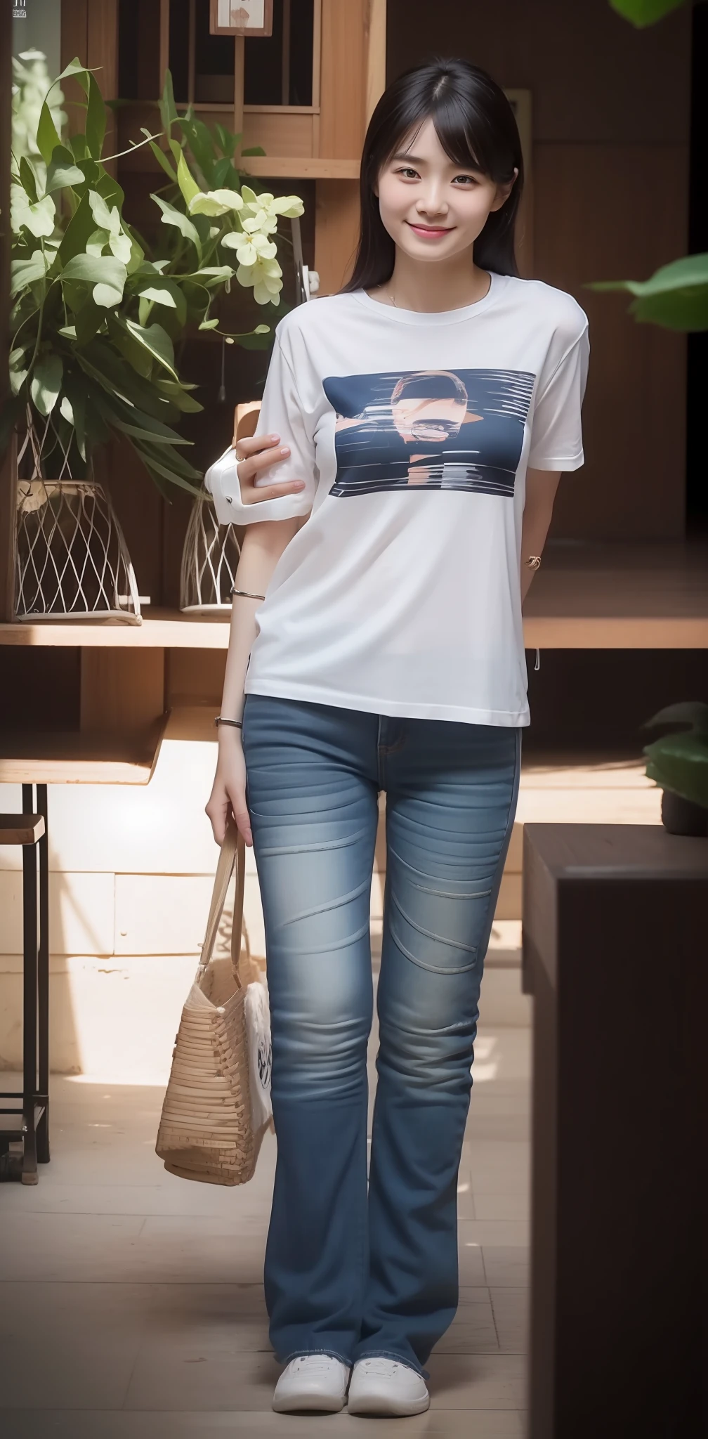 Zhu Ai_Villas,RAW photos,Brand photos,(highdetailskin:1.2),8k ultra high definition,digital SLR camera,gentlesoftlighting,high high quality,filmgrain,富士XT3,18 year old Asian girl,Wear simple clothes,T-shirt and skinny jeans,perfect body figure,Super detailed facial details and skin,Fair and tender face and skin,A sweet smile,fully body photo