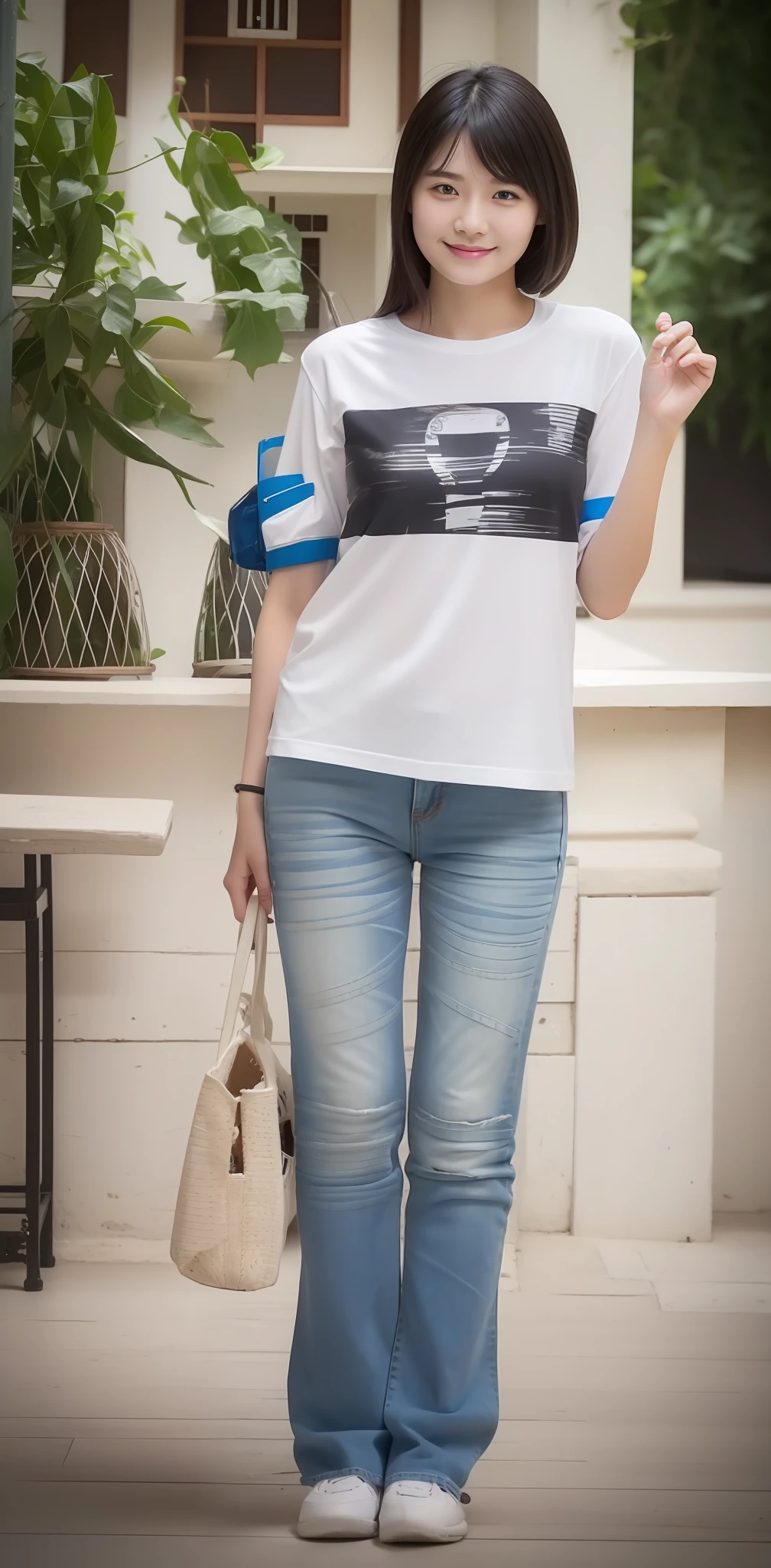 Zhu Ai_Villas,RAW photos,Brand photos,(highdetailskin:1.2),8k ultra high definition,digital SLR camera,gentlesoftlighting,high high quality,filmgrain,富士XT3,18 year old Asian girl,Wear simple clothes,T-shirt and skinny jeans,perfect body figure,Super detailed facial details and skin,Fair and tender face and skin,A sweet smile,fully body photo