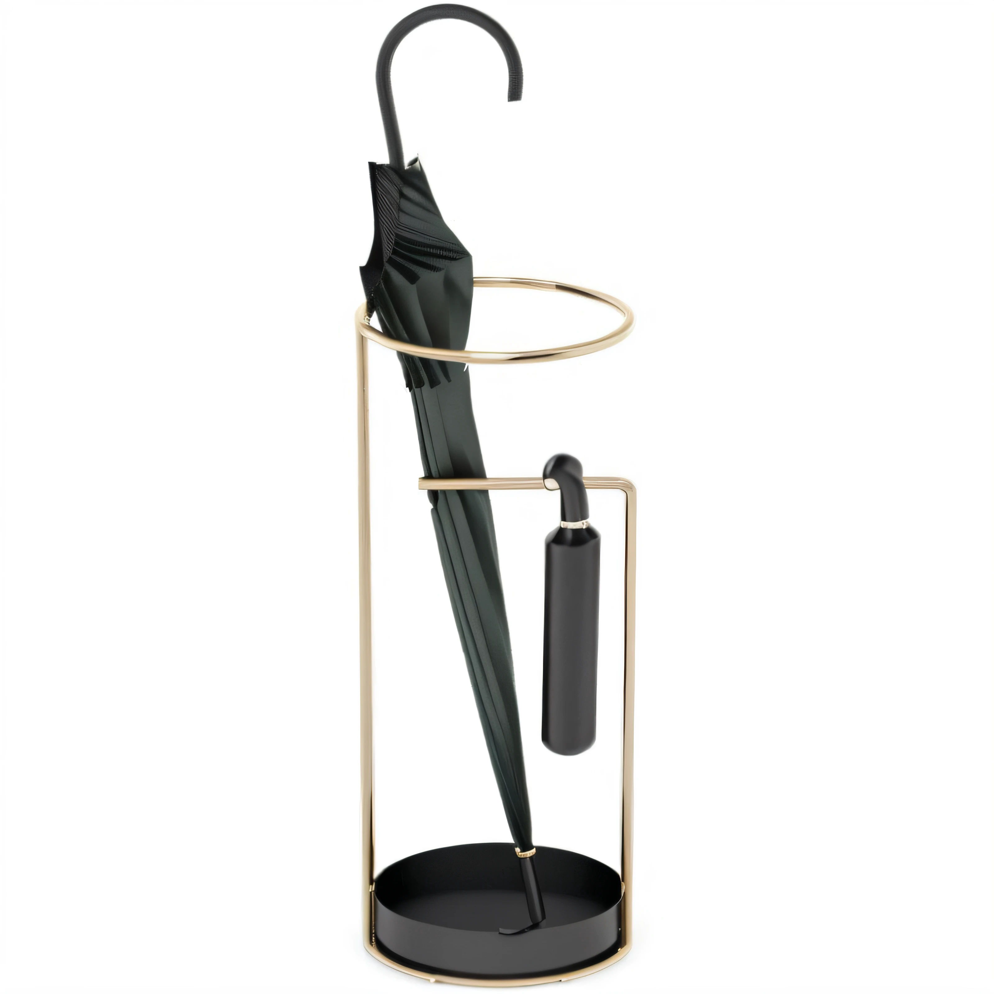 Close up of golden umbrella stand and black umbrella, vanara, set against a white background, Product photo, umbra, zido, good proportions, author：Jens Sendergaard, author：Joseph Čapek, 3d product, author：Tom Wenerstrand, carbon black and antique gold, in style of marcel duchamp