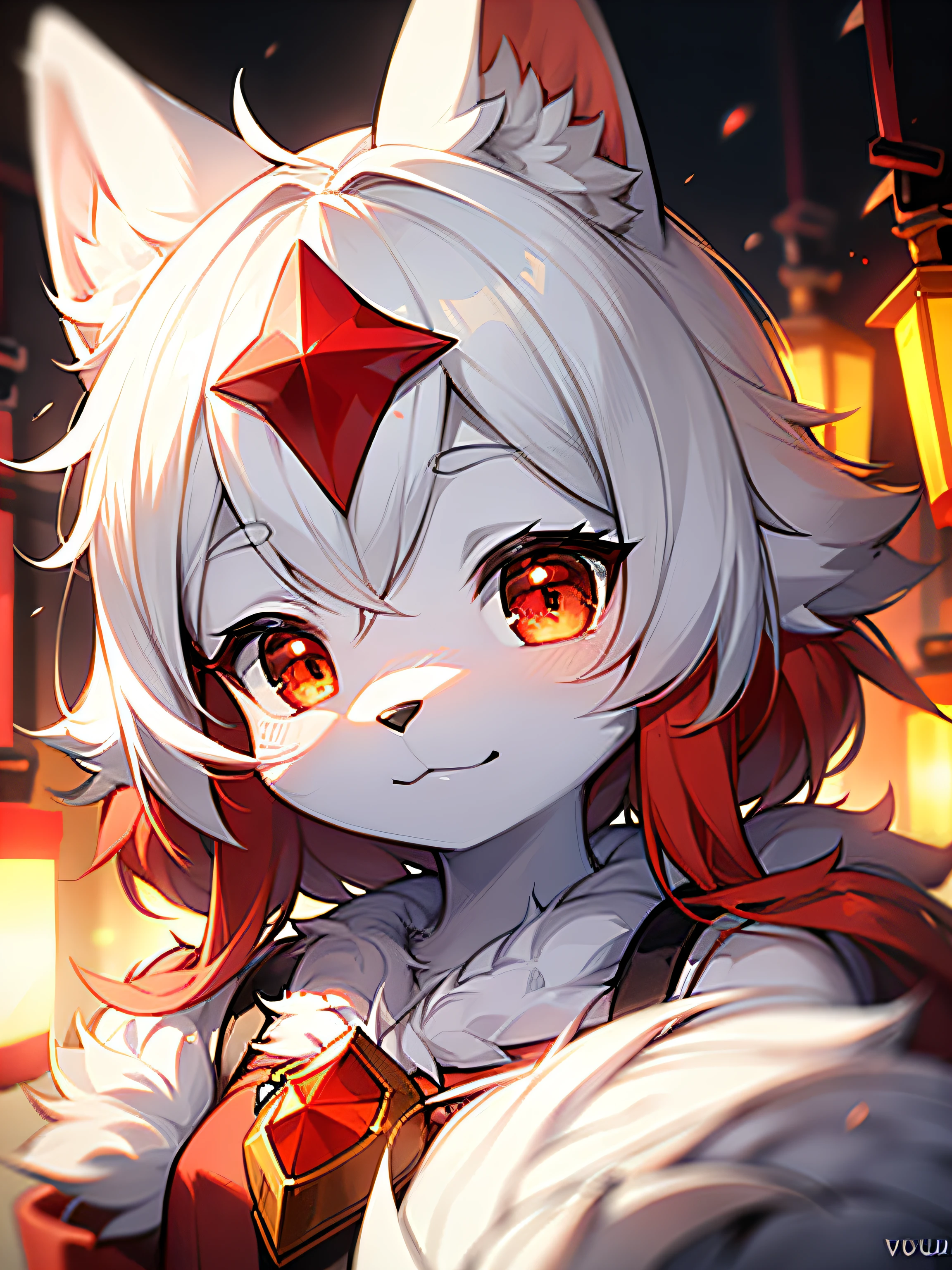 furry, white fur, ultra cute face, red elements on fur, beautiful lights and shadows, ambient light, ultra detailed fur, volumetric light