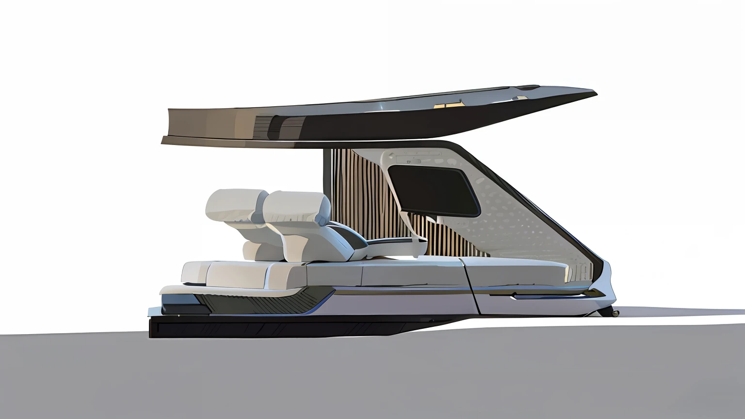 There is a bed,There is a TV on it, There was a couple lying in bed,Concept ship, conceito, futuristic concept design, front side views full, mid view, Side view, concept design, conceito, the sideview, detail render, side - view, profile view perspective, side perspective