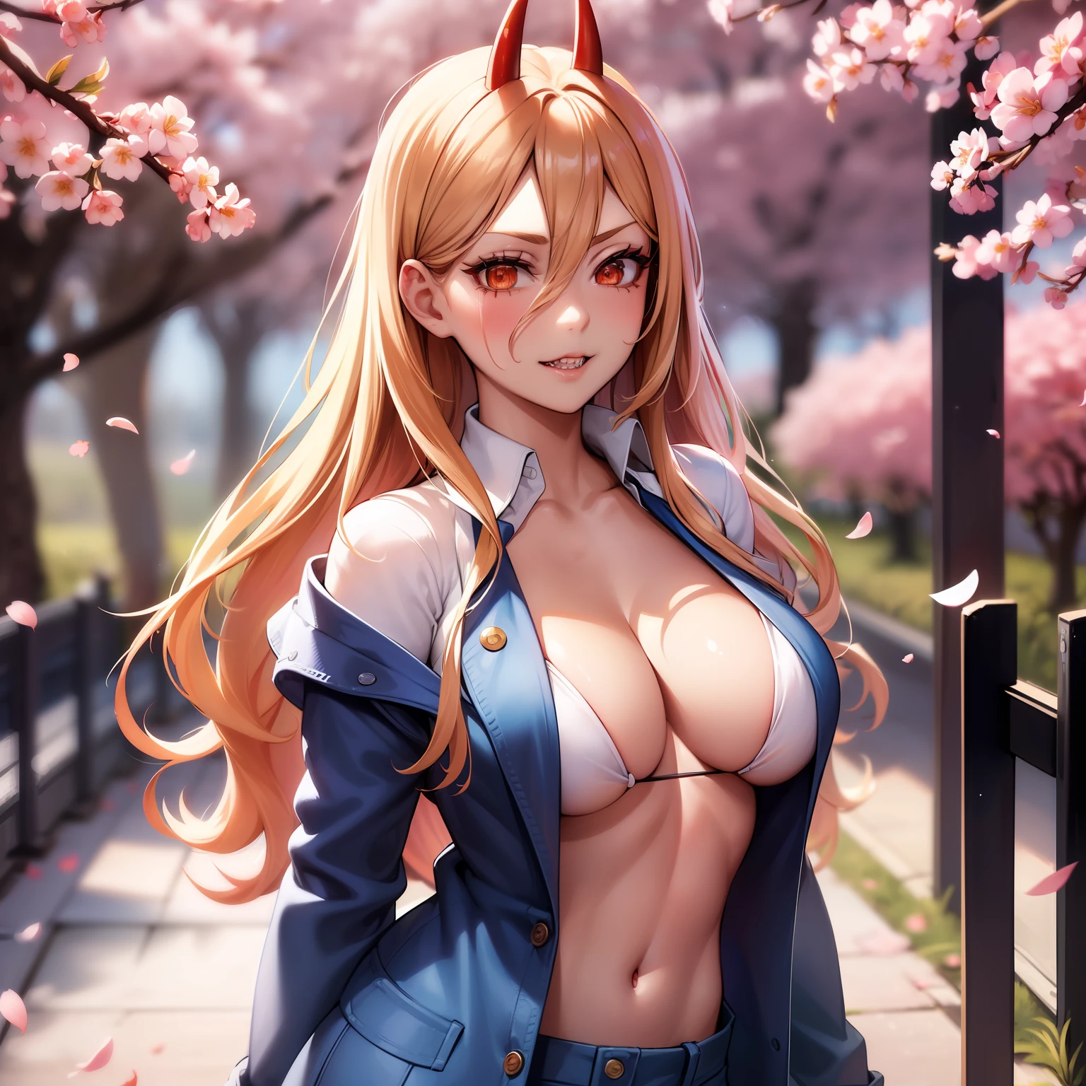 (anime style),masterpiece, best quality, ultra-detailed, glistening shiny, glowing light, ray tracing, HDR, deph of field, (perfect face, detailed face, detailed eyes),(medium boobs:1.2),8k,HD,ultra realistic face,ray tracing,perfect lighting,best quality, ultra-detailed, shiny eyes, (looking at viewer,sensual smile:1.1), ((1girl)), (gyaru, mature female:1.4),cowboy shot,
power,long hair,sharp teeth, demon horns, red horns,symbol-shaped pupils,((gradient hair)),multicolored eyes, gradient eyes, (glowing eyes:1.1), mascara, (fashion make up), parted lips,collared shirt,open coat, blue coat, blue jeans,
((school, school gate, cherry trees, cherry blossoms, flying petals)),complex background,((super detailed background)), sensual poses, ((8k wallpaper)) ,