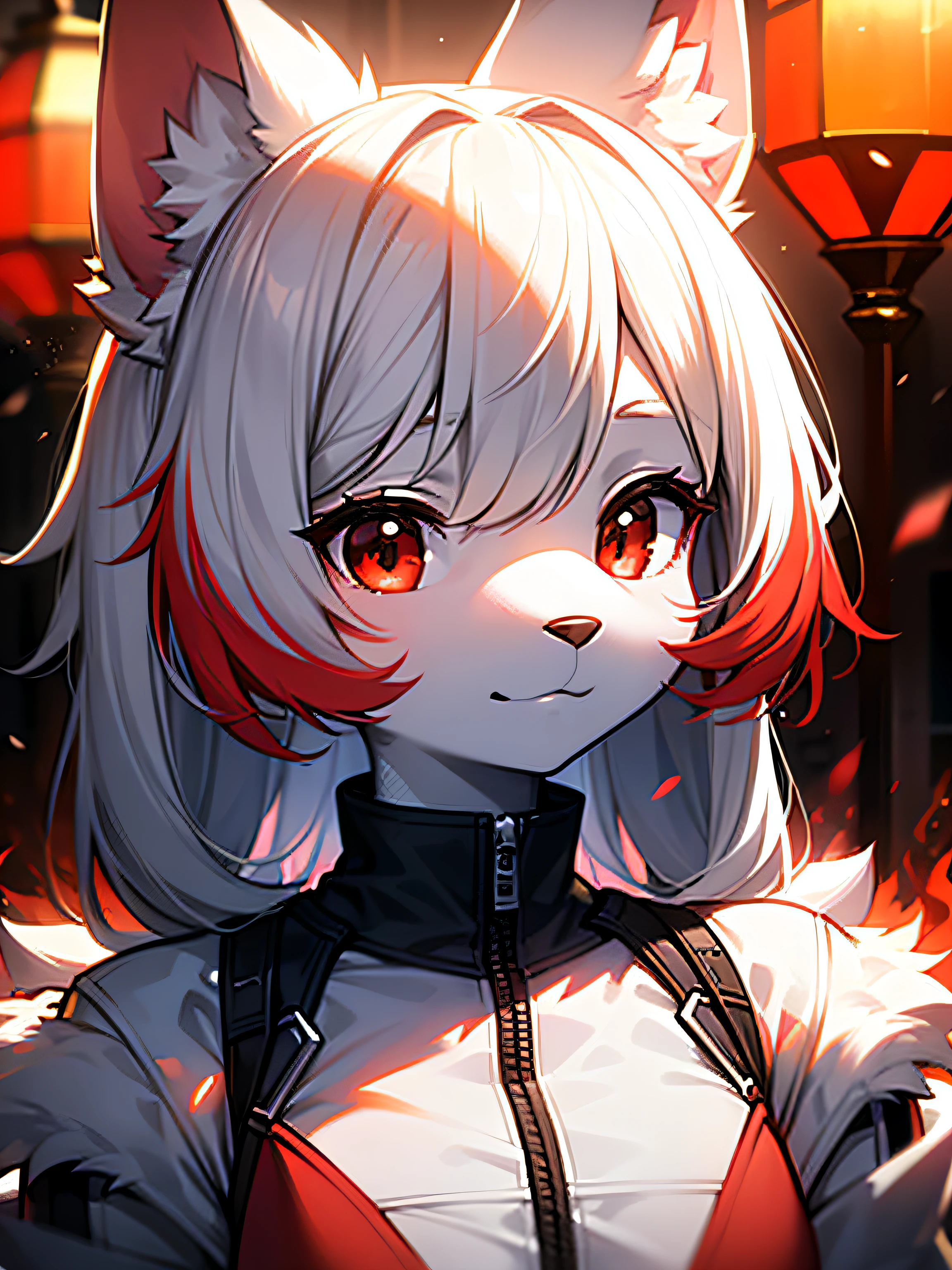 furry, white fur, ultra cute face, red elements on fur, beautiful lights and shadows, ambient light, ultra detailed fur, volumetric light