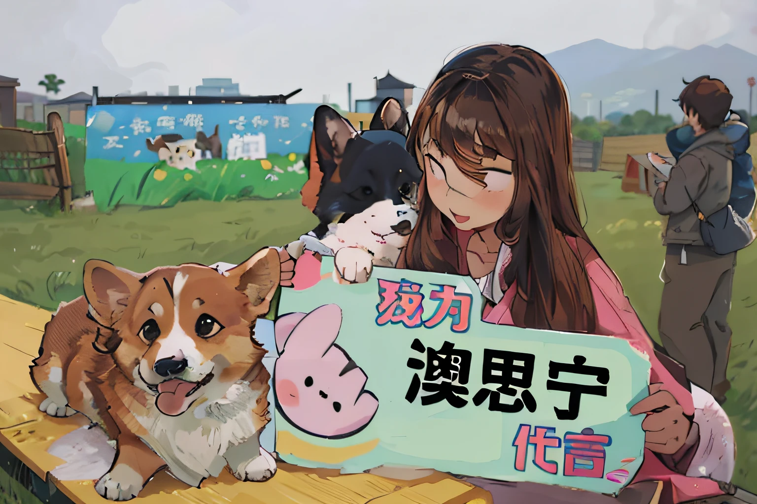 Woman holding sign and a dog sitting on a bench, komono, Chiba Yuda, Corgi, corgi with [ Angelic wings ]!!, 8 a.m, kawaii cute dog, Middle metaverse, Lady, live, chiho, Taiwan, Y2K, y 2 k, cute corgi
