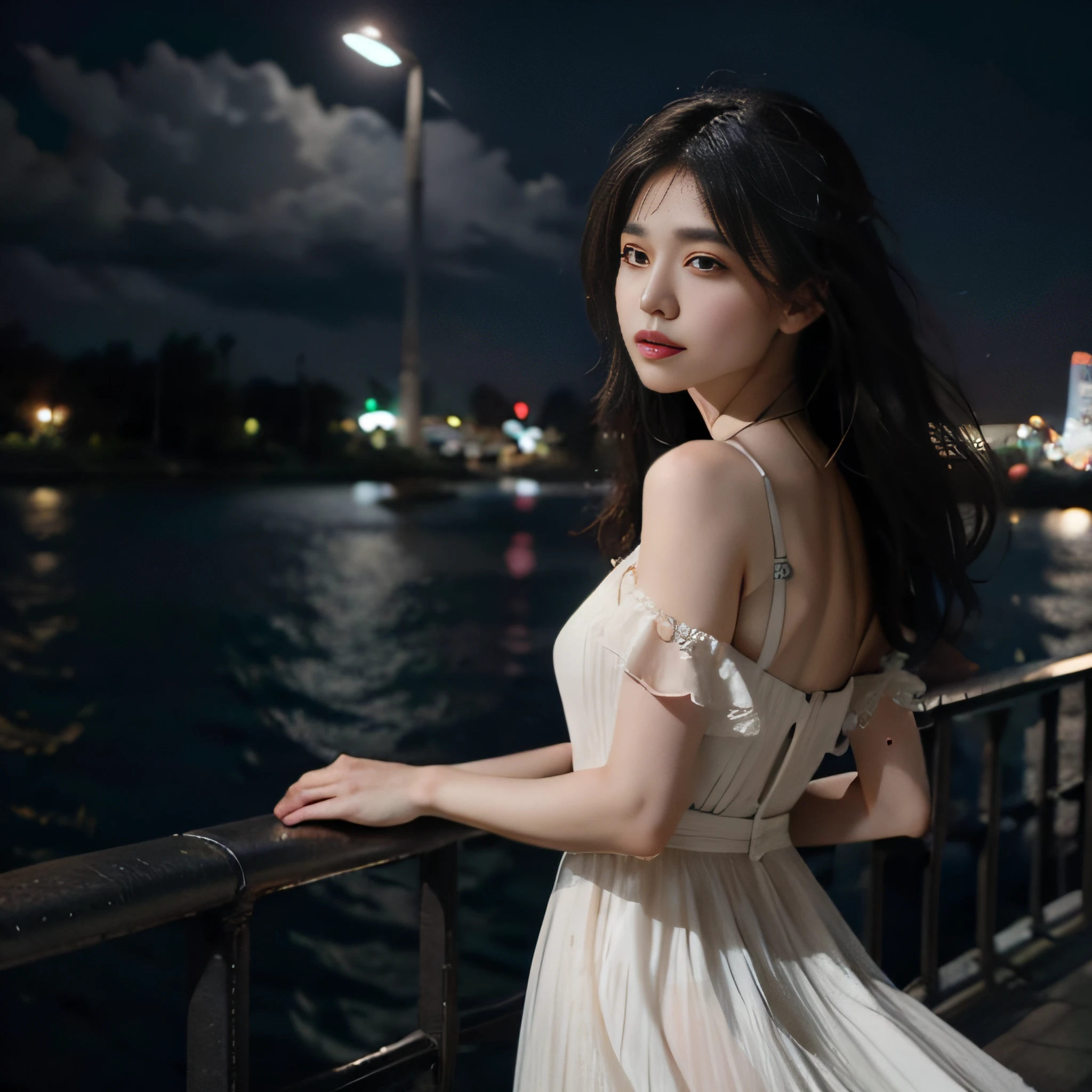 A young woman stands alone on a bridge,It was getting late,The street lights gradually came on。She wears a long white dress,With his back to the camera,The sea of city lights behind you ripples on the river。She quietly looked into the distance,The night breeze ruffled her long black hair。Cars come and go under the bridge,Pedestrians are three, three, two。A plastic bag fluttering in the wind was caught by the woman's line of sight,She followed it and whirled and fell,Disappears into the night。Then,A man passes behind a woman on a bicycle,There was exhaustion and worry on his face。The woman turned her head,Watch the man leave,There was a hint of loneliness in his eyes。