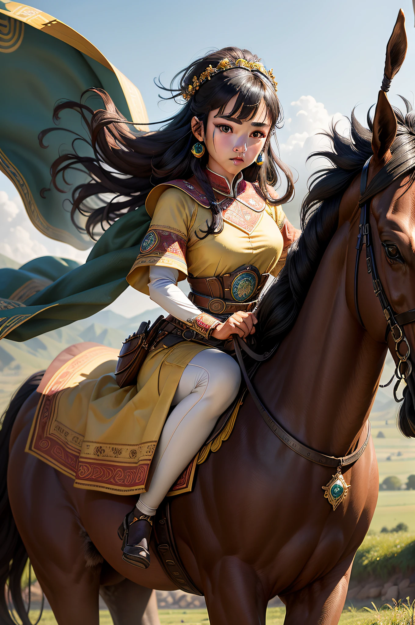 20-year-old girl,heroic look,largeeyes,limpid,The eyes are full of sunshine,Ethnic minority costumes,Mongolian,Chinese shoes,Metal edges,Textured,Pattern,Pedras preciosas,Ride a tall horse,Gallop across the green savannah,HD face,Refinement,Fine painting,Refinement,infinite details,high definition detail,
