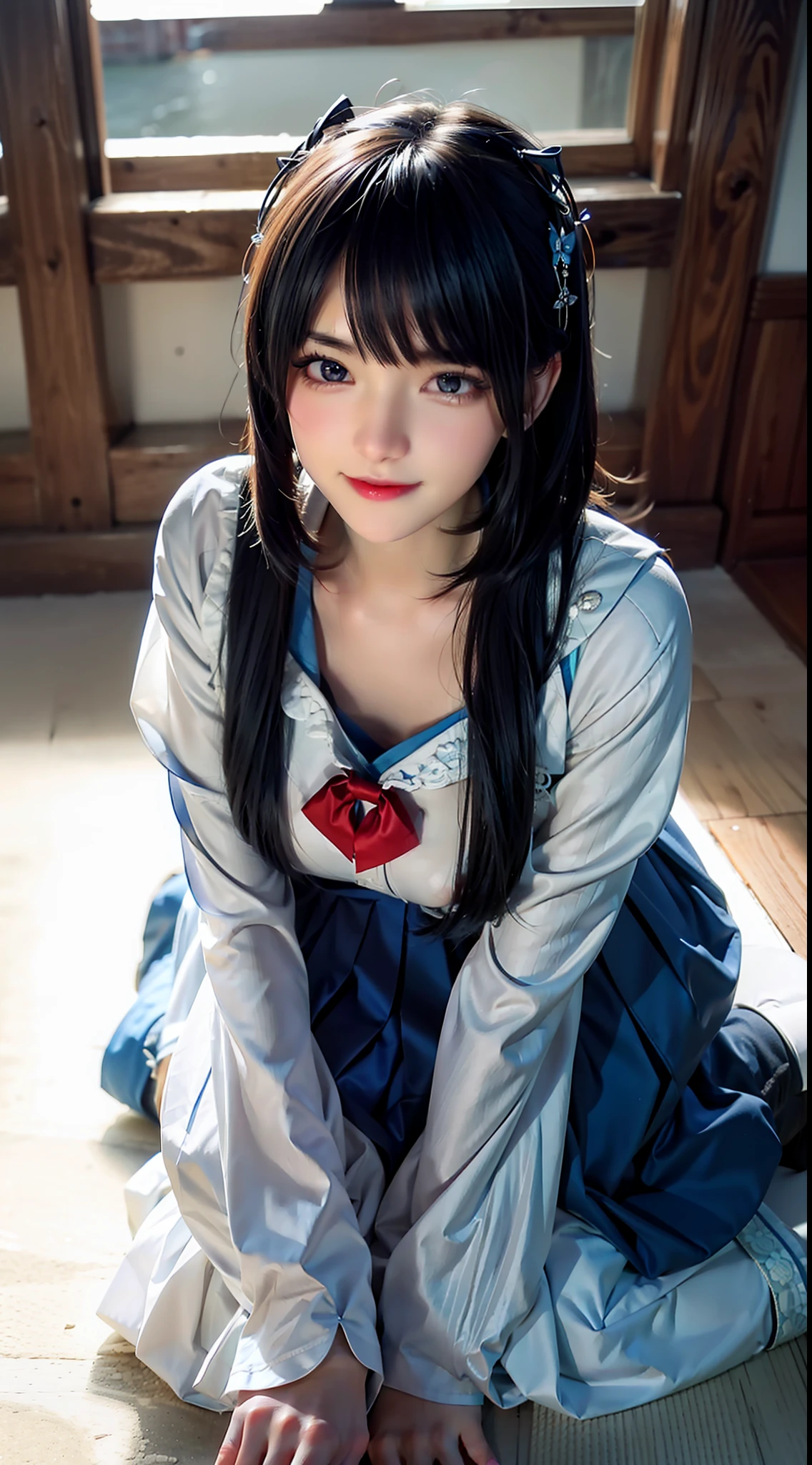 Perfect face, Beautiful face, Extremely detailed eyes, Beautiful eyes, medium eyes, Anime girl, Sexy pose, Kneeling, Solo, 1girll, Short wavy hair, angry look, Smile, Drill hair, Gwen, Blue hair, Best quality, Masterpiece, White dress, hair adornments, bow, lying down, mitts, Black tights, Perfect lighting