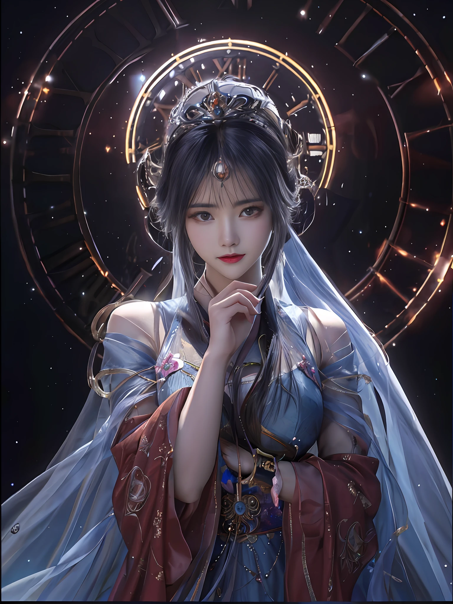 a close up of a woman in a dress with a clock in the background, a beautiful fantasy empress, guweiz, artwork in the style of guweiz, trending on cgstation, ((a beautiful fantasy empress)), goddess of time, intricate ornate anime cgi style, guweiz masterpiece, wlop. 4 k, 8k high quality detailed art