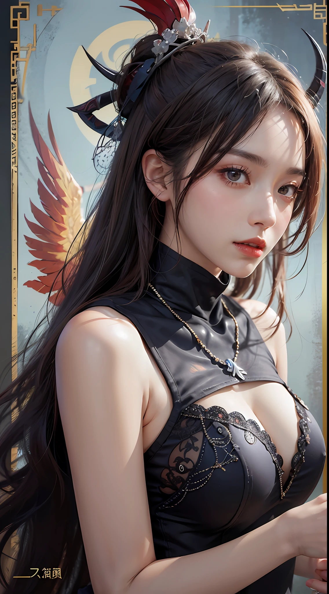 1 beautiful devil woman from hell, surreal female portrait by David Hockney and Alphonse Mucha, fantasy art, chinese doll, photorealism, dynamic lighting, artstation, poster, volumetric lighting, very detailed faces, 8k ultra, awarded, in the dark, low key, cowboy lens, (Red phoenix dress: 1.0), long hair, black hair, bust, devil's Palace, devil crown, red eyes make up very sharp and detailed, the most beautiful face, the breasts are very big and round and round, super realistic, chinese women's clothing, polo neck sweater, charming smile, the eyes are very well made up, ((bloodshot eyes:0.9)), guweiz, ((devil style:1.0)), wearing black mesh socks, ponytail with a bow tied at the back of the hair, plump and beautiful red lips, wearing a thin red and black robe, Hands pull the straps to reveal sexy breasts, the landscape is overcast and thunderous, (upper body portrait), close-up of the main character, (detailed spooky background:0.8), HDR, UHD, 8kquality, detailed pixel, facing the beautiful girl, looking at the girl body,