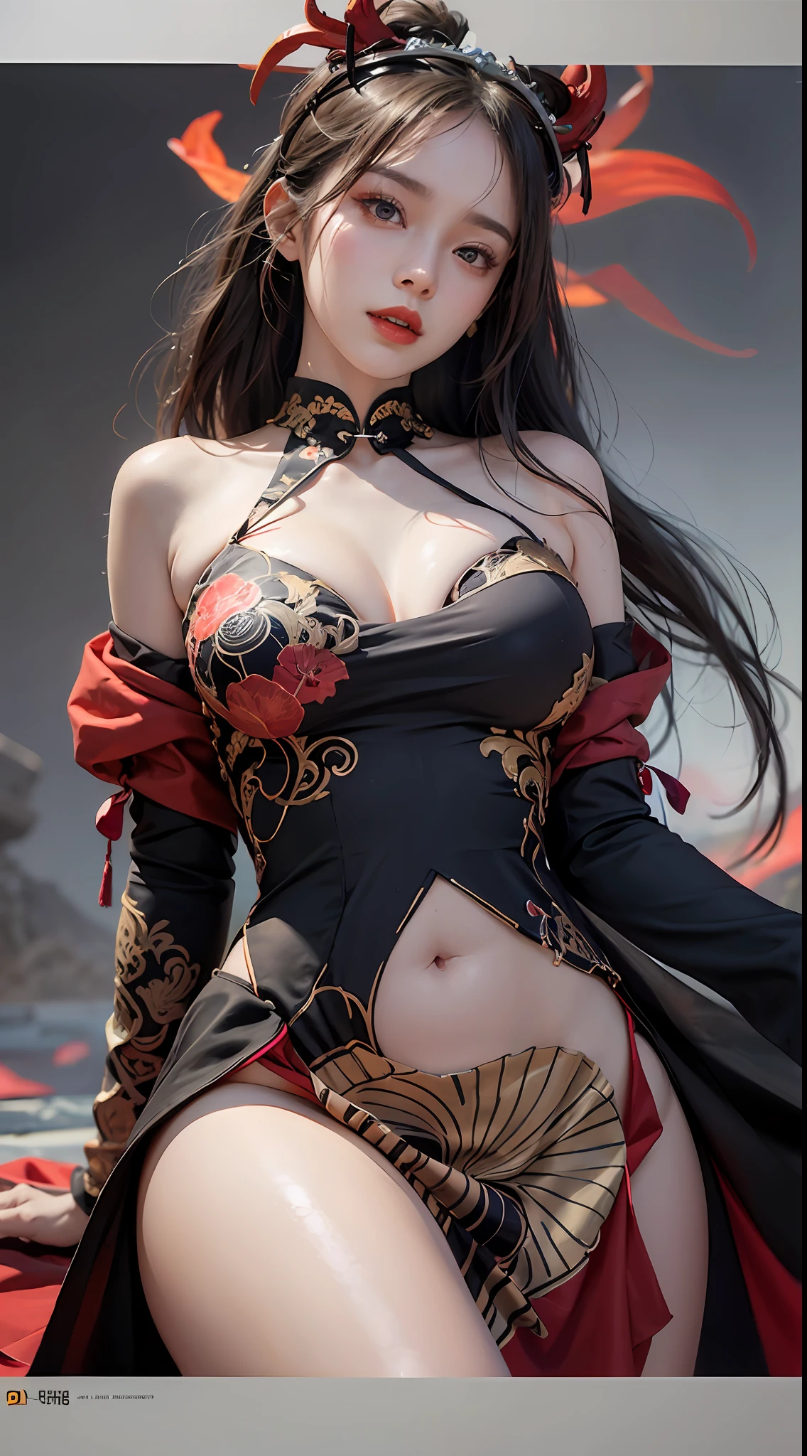 1 beautiful devil woman from hell, surreal female portrait by David Hockney and Alphonse Mucha, fantasy art, chinese doll, photorealism, dynamic lighting, artstation, poster, volumetric lighting, very detailed faces, 8k ultra, awarded, in the dark, low key, cowboy lens, (Red phoenix dress: 1.0), long hair, black hair, bust, devil's Palace, devil crown, red eyes make up very sharp and detailed, the most beautiful face, the breasts are very big and round and round, super realistic, chinese women's clothing, polo neck sweater, charming smile, the eyes are very well made up, ((bloodshot eyes:0.9)), guweiz, ((devil style:1.0)), wearing black mesh socks, ponytail with a bow tied at the back of the hair, plump and beautiful red lips, wearing a thin red and black robe, Hands pull the straps to reveal sexy breasts, the landscape is overcast and thunderous, (upper body portrait), close-up of the main character, (detailed spooky background:0.8), HDR, UHD, 8kquality, detailed pixel, facing the beautiful girl, looking at the girl body,
