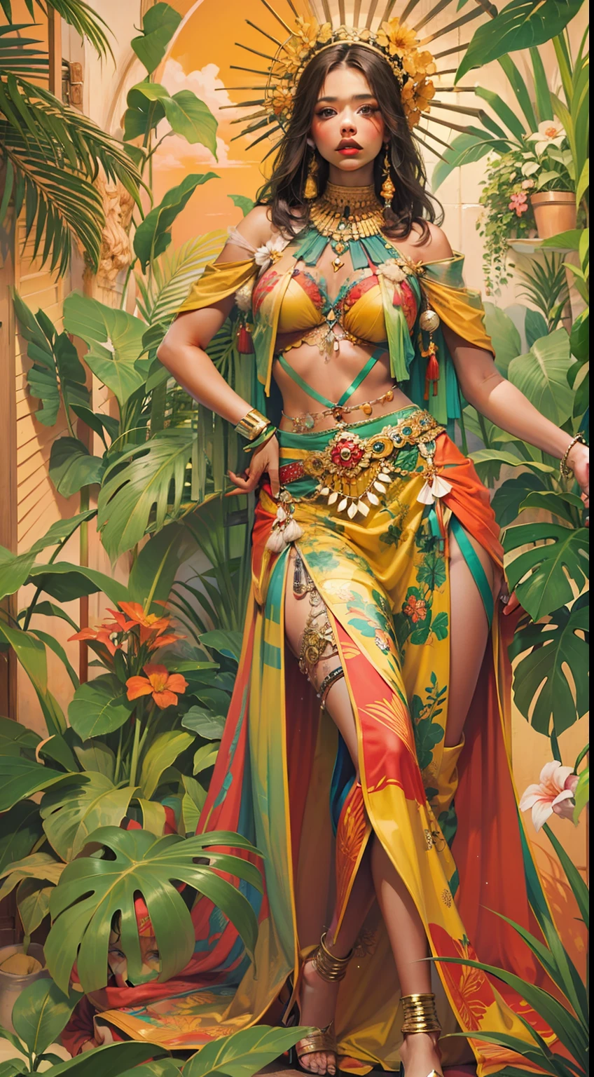 Beautiful woman in intricate Tropical Island Style Outfit