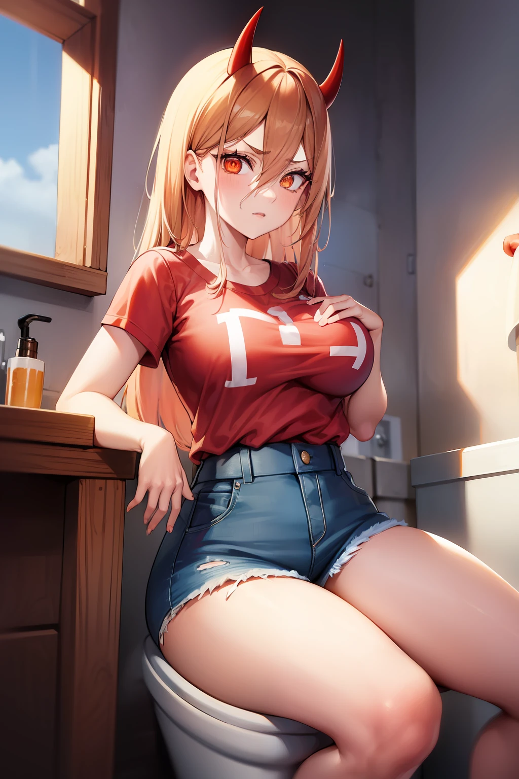 1girl, power \(chainsaw man\), red horns, symbol-shaped pupils, cross-shaped pupils, orange eyes, sitting, toilet, red shirt, denim shorts,76.1, high-waist shorts, grabbing own breast, cat, clothes writing,