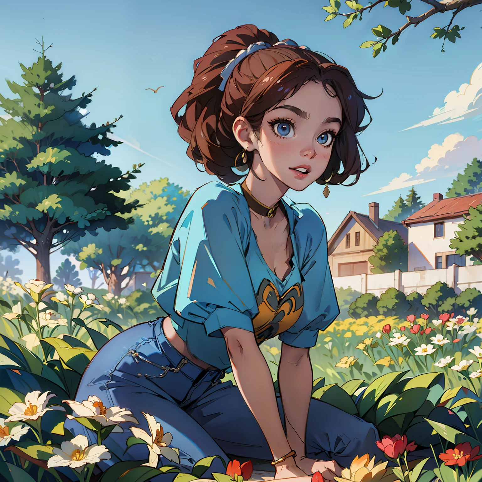 A closeup of a woman walking in the garden with cherry trees, mulher afro, africana , vestindo uma camiseta bonita, bela mulher africana, usando camiseta branca, usando roupas casuais, wearing jeans, usando uma camiseta branca, uma jovem fofa mulher, sorriso doce, olhos pretos