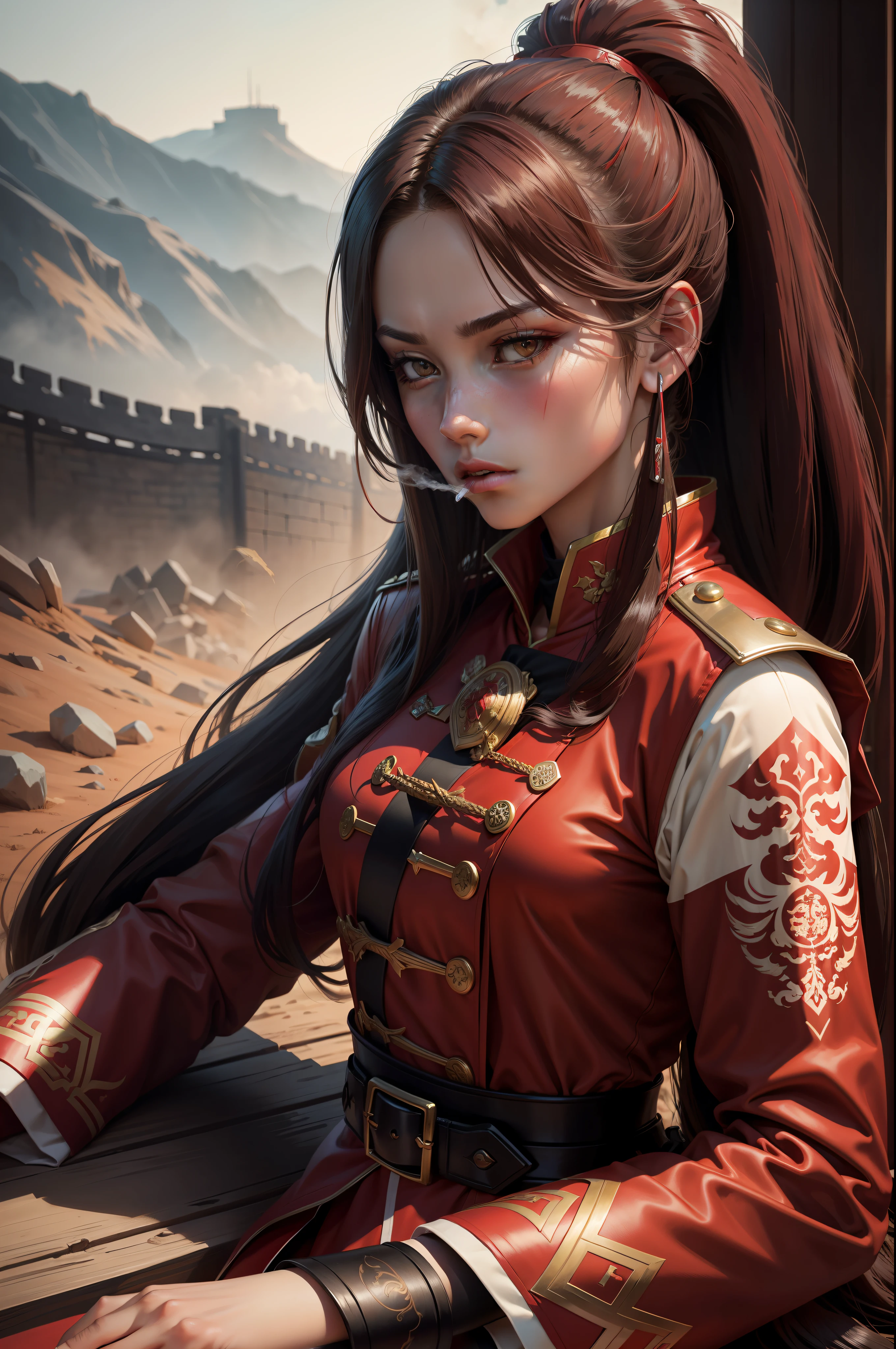 Brunette Long Hair Female Red Coat Battle Uniform Long Sword General Bold Sassy Broken Great Wall High Ponytail Smoking Chinese Battlefield Dead Man Pile Vista Scar Tattoo