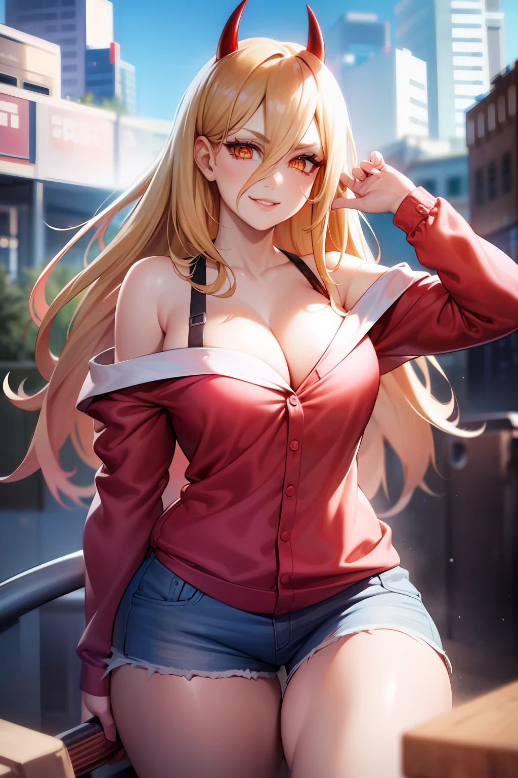 76-1Shirt, 1girl, power (chainsaw man), horns, long hair, cat, shorts, outdoors, sky, cloud, shirt, red horns, smile, white cat, hair between eyes, solo, (red shirt:1.4), denim, looking at viewer, (cross-shaped pupils:1.4), symbol-shaped pupils, blonde hair, long sleeves, day, denim shorts, blue sky, demon horns, yellow eyes, standing, cloudy sky, (realistic:0.5), masterpiece, solo, (best quality, perfect detailed, beautifully detailed face, detailed eyes), glistening shiny, ray tracing, DOF, HDR, gradient eyes, sharp eyelashes, ((eyelashes)), mascara, detail_face, eyelashes, shiny hair, flirting, seductive smile, parted lips, medium breasts, (cleavage:1.3), bare shoulder, (soft particles floating:1.1), ((looking at viewer)), (playmate pose:1.1), (full body:1.1), ((8k wallpaper)), ((highres)),