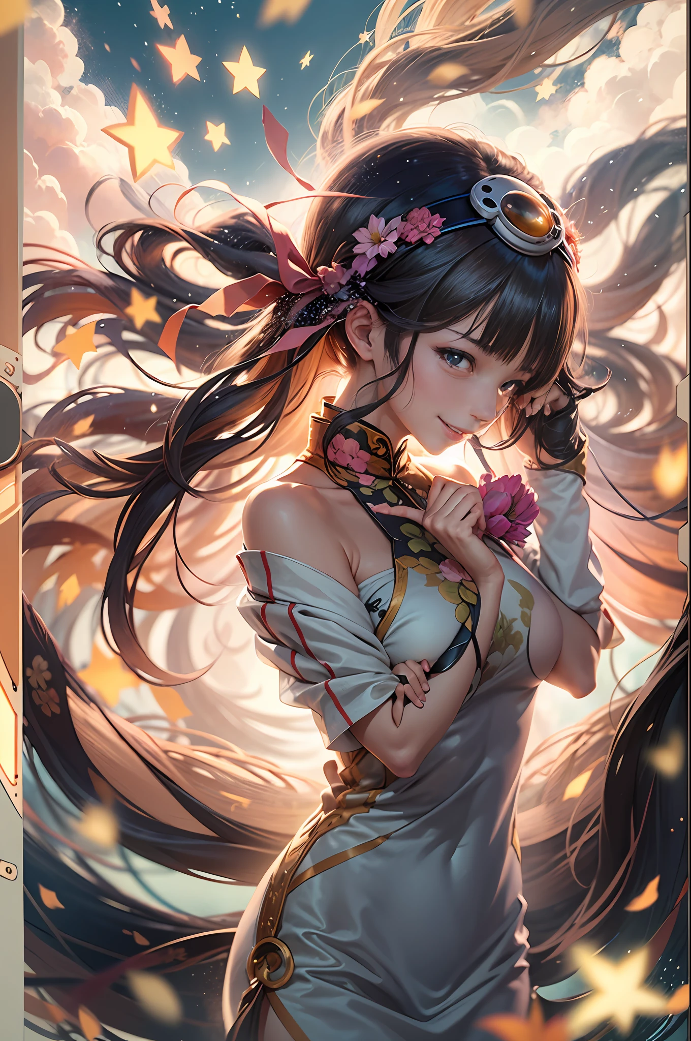 one-girl,One Piece anime manga style,(((Robin))),(Black off-the-shoulder cheongsam),(Joey Boi),cheerfulness,Toothy smile,stand posture,Full body of the lens,Extreme closeup,Background bokeh,depth of fields,Powerful,self-assured,invincibility,8k smooth,enviroment,raising smoke,Filled with sandstorms flying,超细节的,Exciting,The power of mystical agnosticism,Soft light, Mood lighting,shinning stars, Colorful background,The character is in the center of the frame,High purity shades,Rendering effects,(According to the One Piece anime dressed the same)