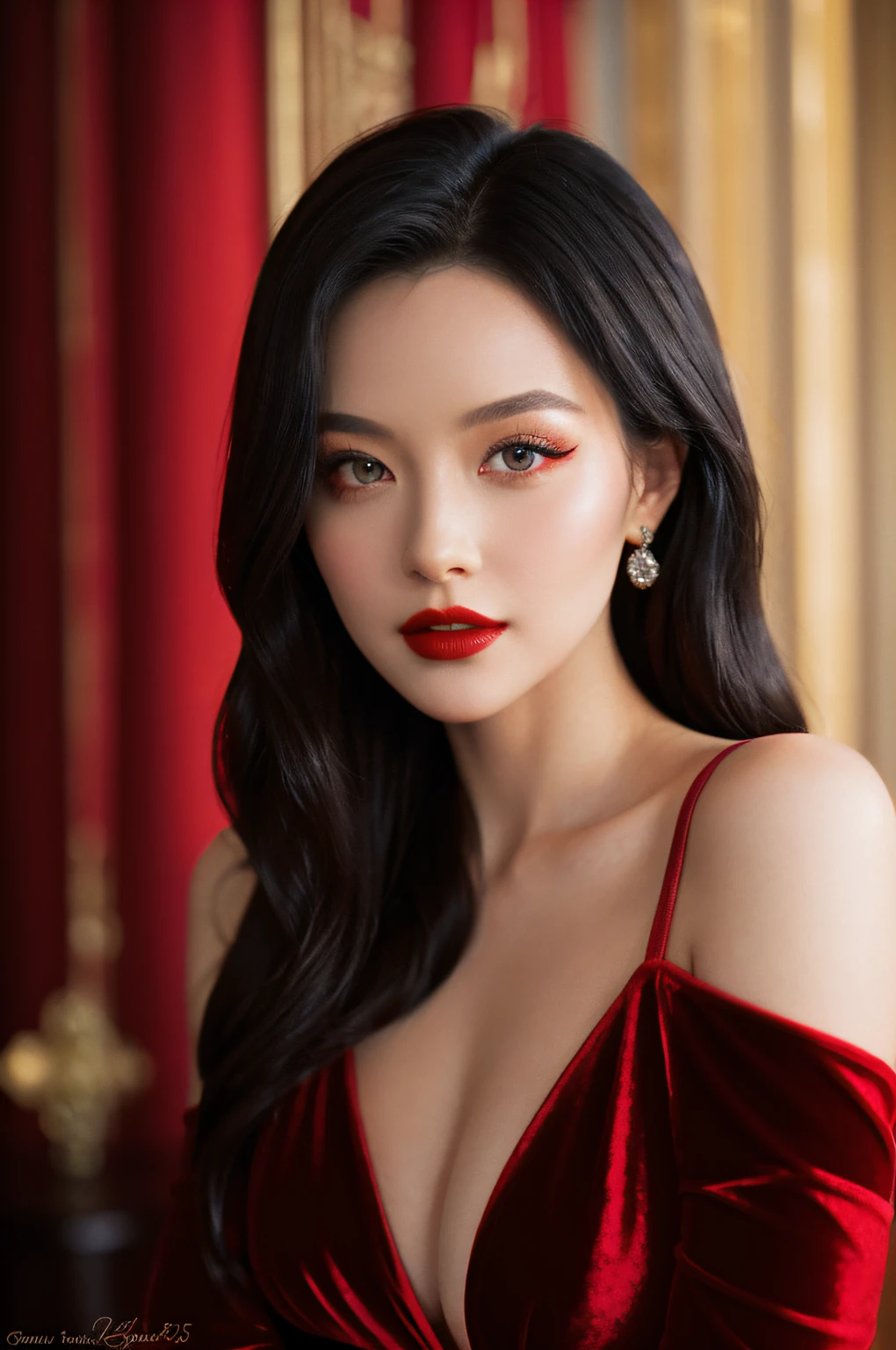 Classic Hollywood glamour, girl in a stunning red evening gown, dazzling accessories, (captivating eyes, red lips, flawless skin), luxurious backdrop, velvet curtains, dramatic pose, interesting composition, spotlight illumination, rich shadows, shallow depth of field, sparkling bokeh, exquisite details, high-resolution, 35mm film, timeless elegance. portrait photography, 35mm film, natural blurry,
filmg,