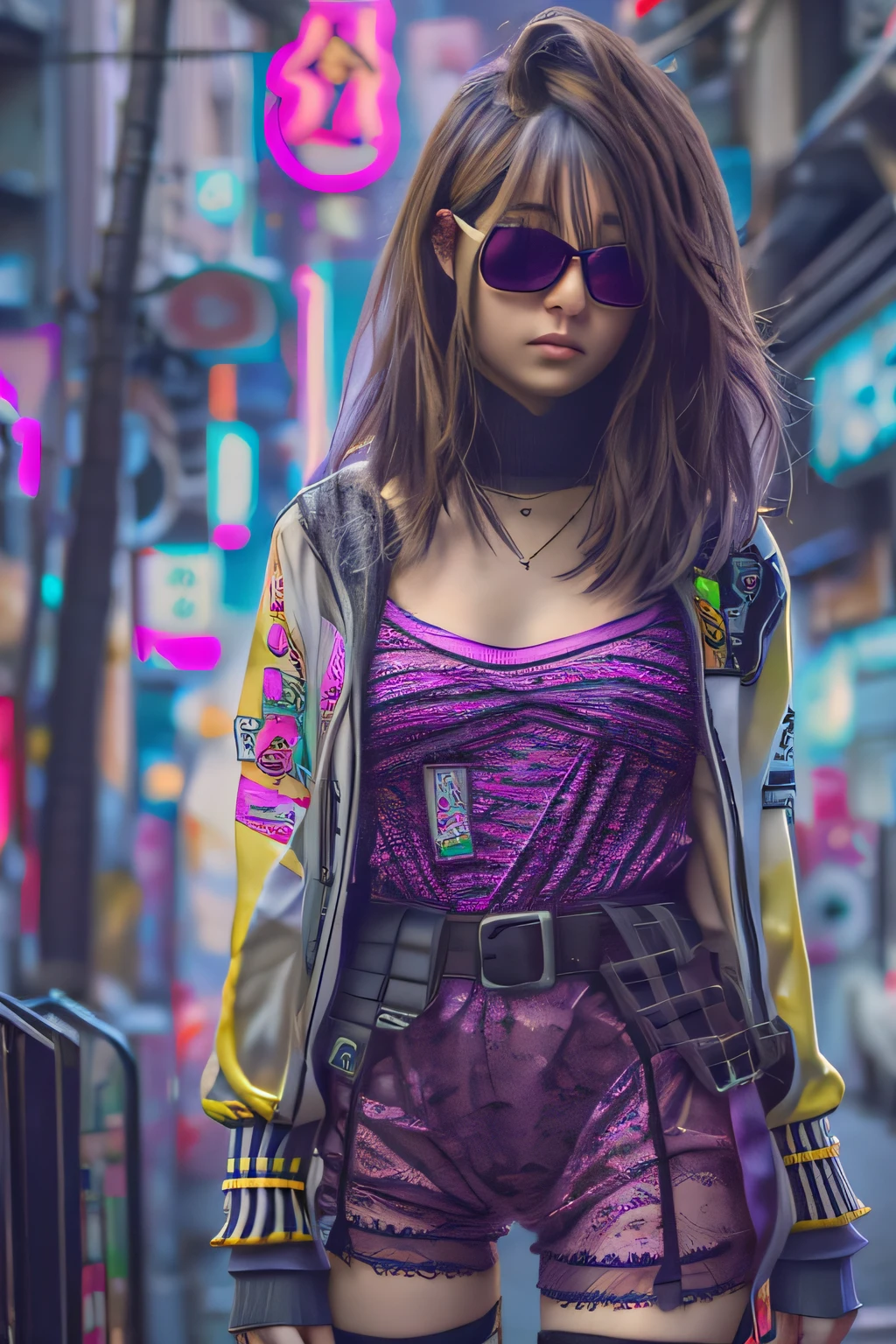 Hermosa mujer de cabello mediano, cabello con coleta, gafas de aviador, ropa corta de estilo cyberpunk, en una calle de Tokio, ciudad moderna,