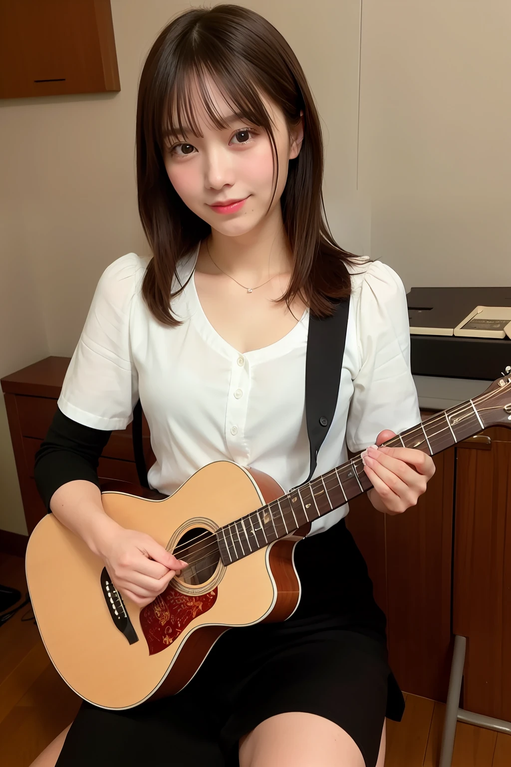 Beautiful woman playing classical guitar、Musical instruments are expensive instruments that cost 100 million yen、The teacher２９Idade 、The teacher is a beautiful actress、of the highest quality, The ultra -The high-definition, Black hair, Black eyes, Solo,genuine((masutepiece)), ((Best Quality)), (Ultra-detailed), ((kawaii)), Cute, (lovely), ((Extremely detailed)), 4K, (8K), Best Quality, (Beautiful)3, Full body, from below looking up, heavy outline, clear outlines, School Music Room,Farbe々There are musical instruments、Pretty women, Solo, Playing the viola, ((Beautiful eyes)), Ponytail, Transparent hair, lightsmile,Associate Professor, Joshibi College of Music，