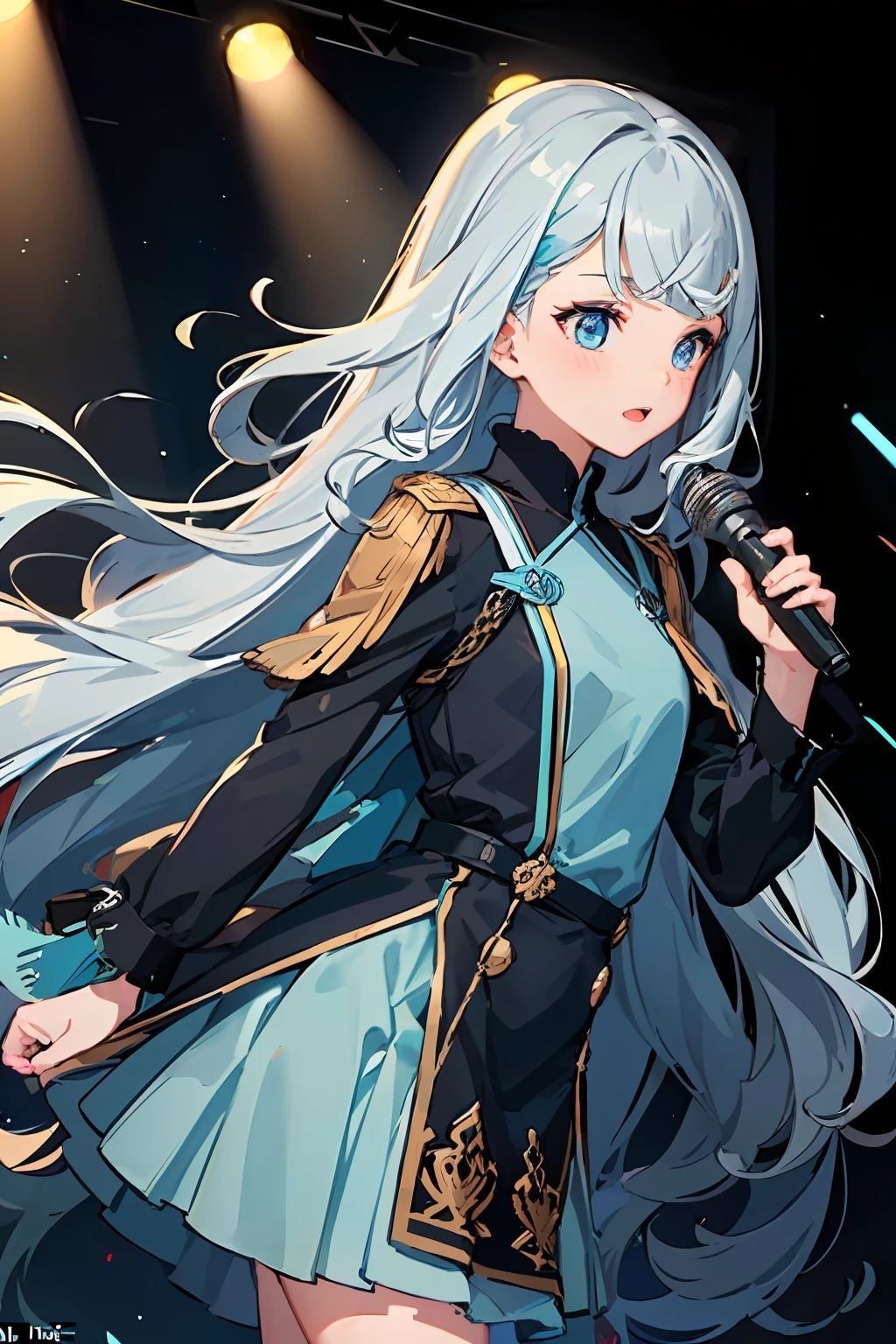Amazingly beautiful girl singing and dancing on a live stage, (light blue wavy hair), medium-length hair, (separated super long bangs:2.0), cool beauty, small Blue Eyes, blush, wearing idle uniform, holding a mic, (colorful multiple spotlights), ((background of live venue)), (Wide Angle), (Wide Shot),