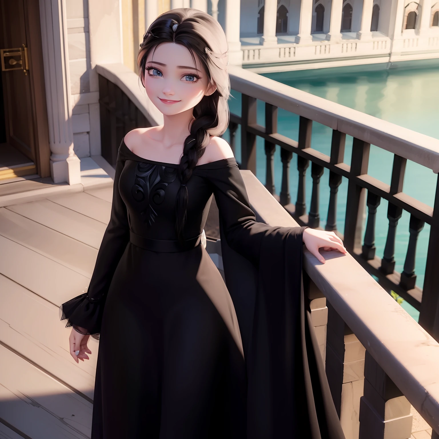 Elsa of erendelle, smiling,((black hair:1.4)),Balcony,Braided hair