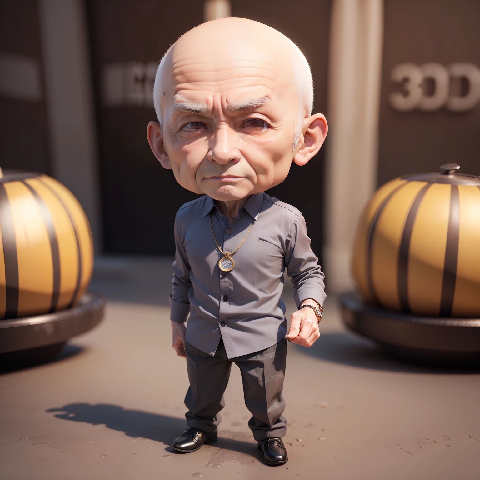 (((chibi 3d))),80 years old man,👴🏻, Cutter shirt,Looped necklace,slacks,Business Shoes,High jump,Top bald💇
