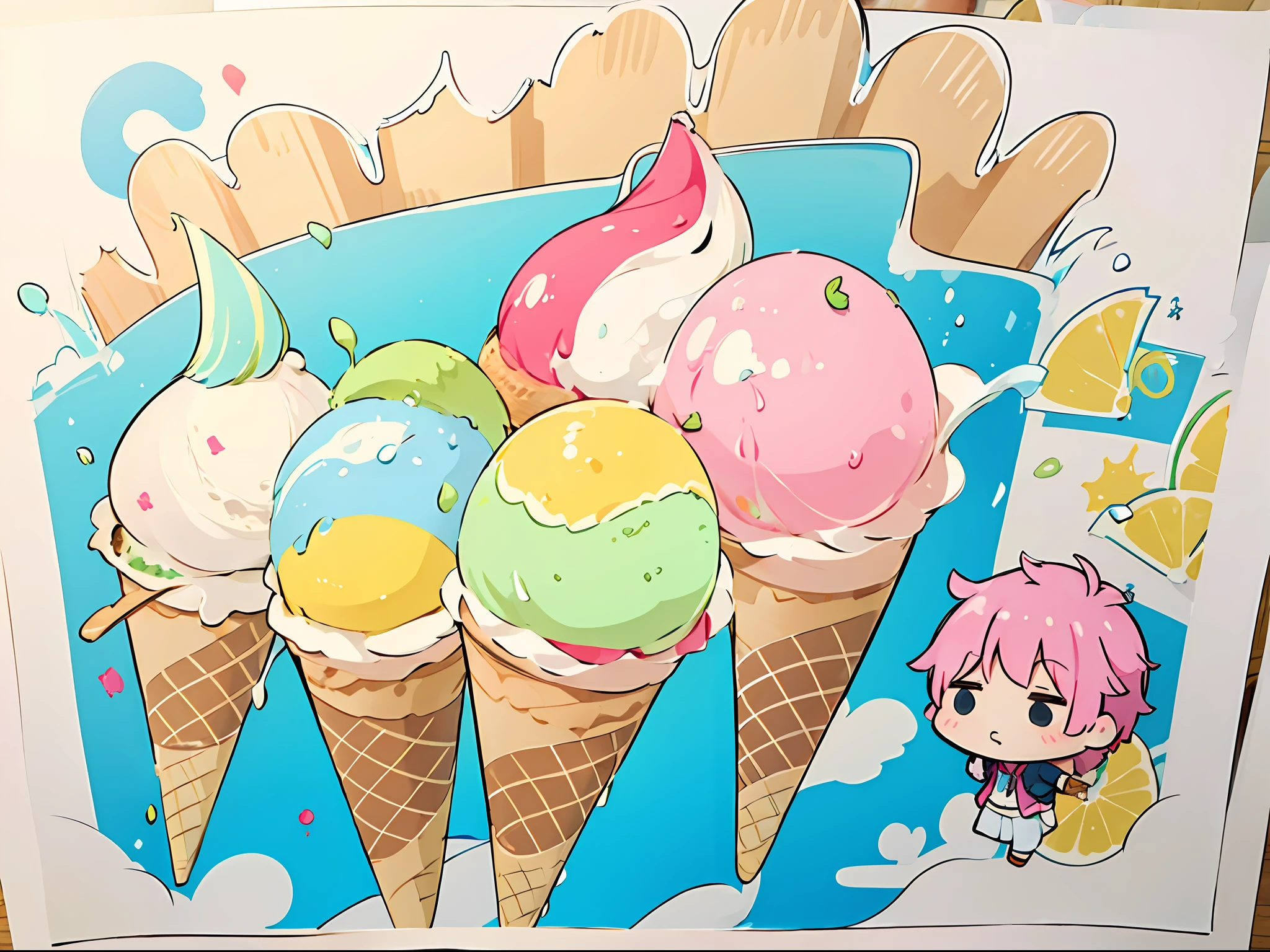 ​masterpiece, handdraw, Pop illustrations, Pop colors, PastelColors, colourfull, 2boy, a high school boy, Chibi, After school,Eat while walking, Triple Scoop Ice Cream , Ice Cream Tower, Sounds like fun,