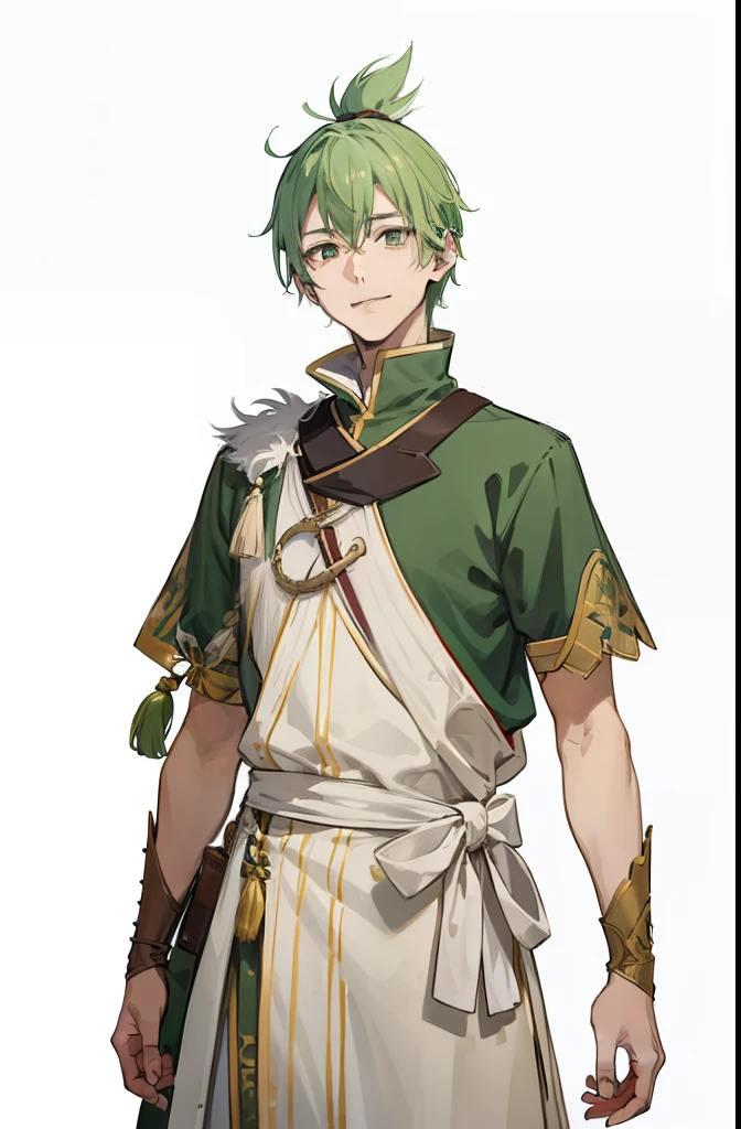 Screenshot of anime Standing 28-year-old man with green mohawk shorthair in medieval European cloth costume、He looks at us with a very big smile。Fine line art 2020s anime