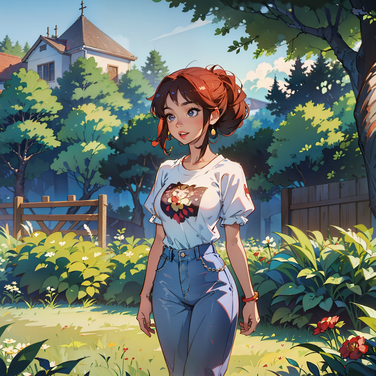 A closeup of a woman walking in the garden with cherry trees, mulher afro, menina africana , vestindo uma camiseta bonita, bela mulher africana, usando camiseta branca, usando roupas casuais, wearing jeans, usando uma camiseta branca, uma jovem fofa mulher, sorriso doce, olhos pretos