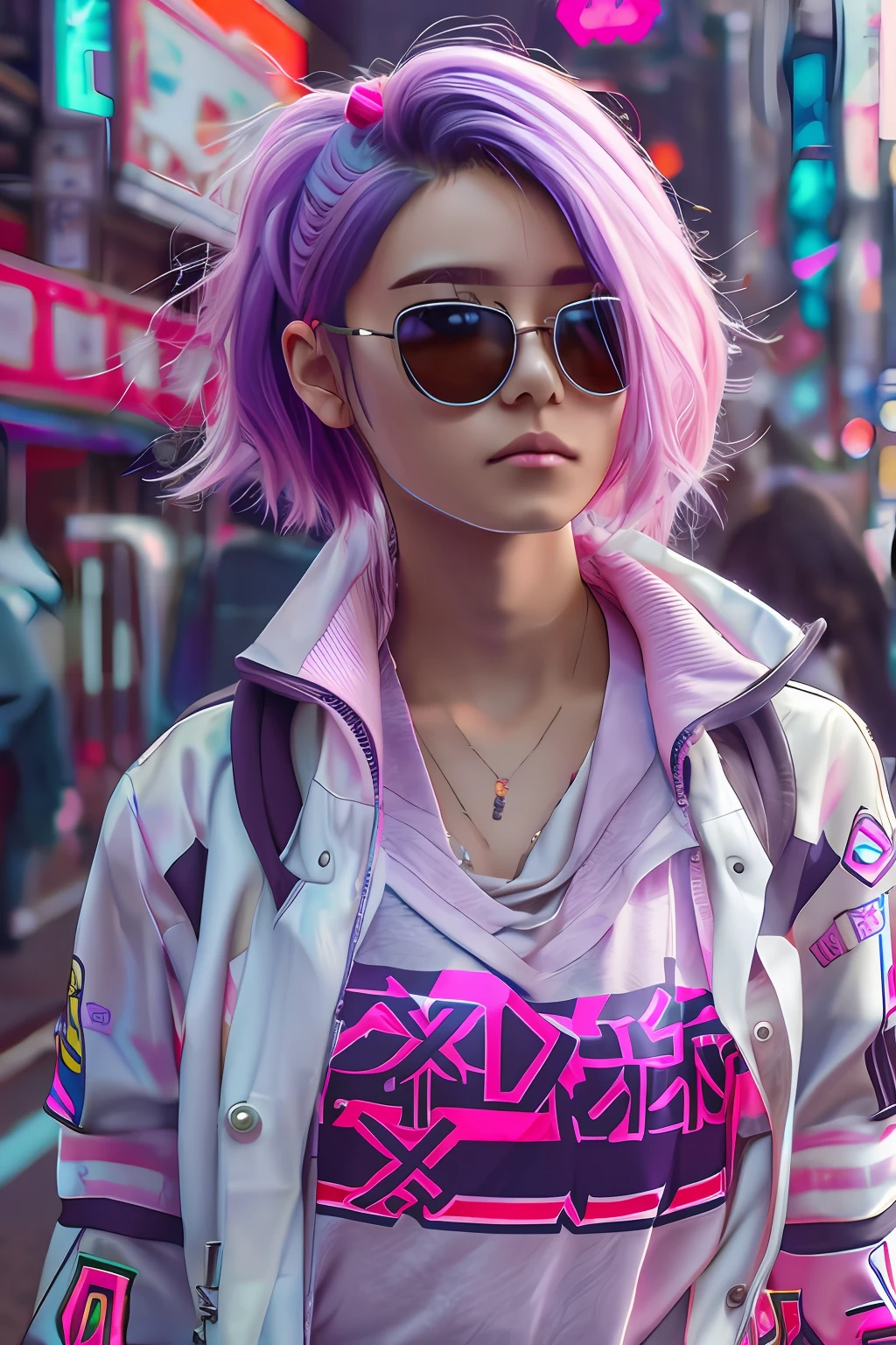Hermosa mujer de cabello mediano, cabello con coleta, gafas de aviador, ropa corta de estilo cyberpunk, en una calle de Tokio, ciudad moderna,