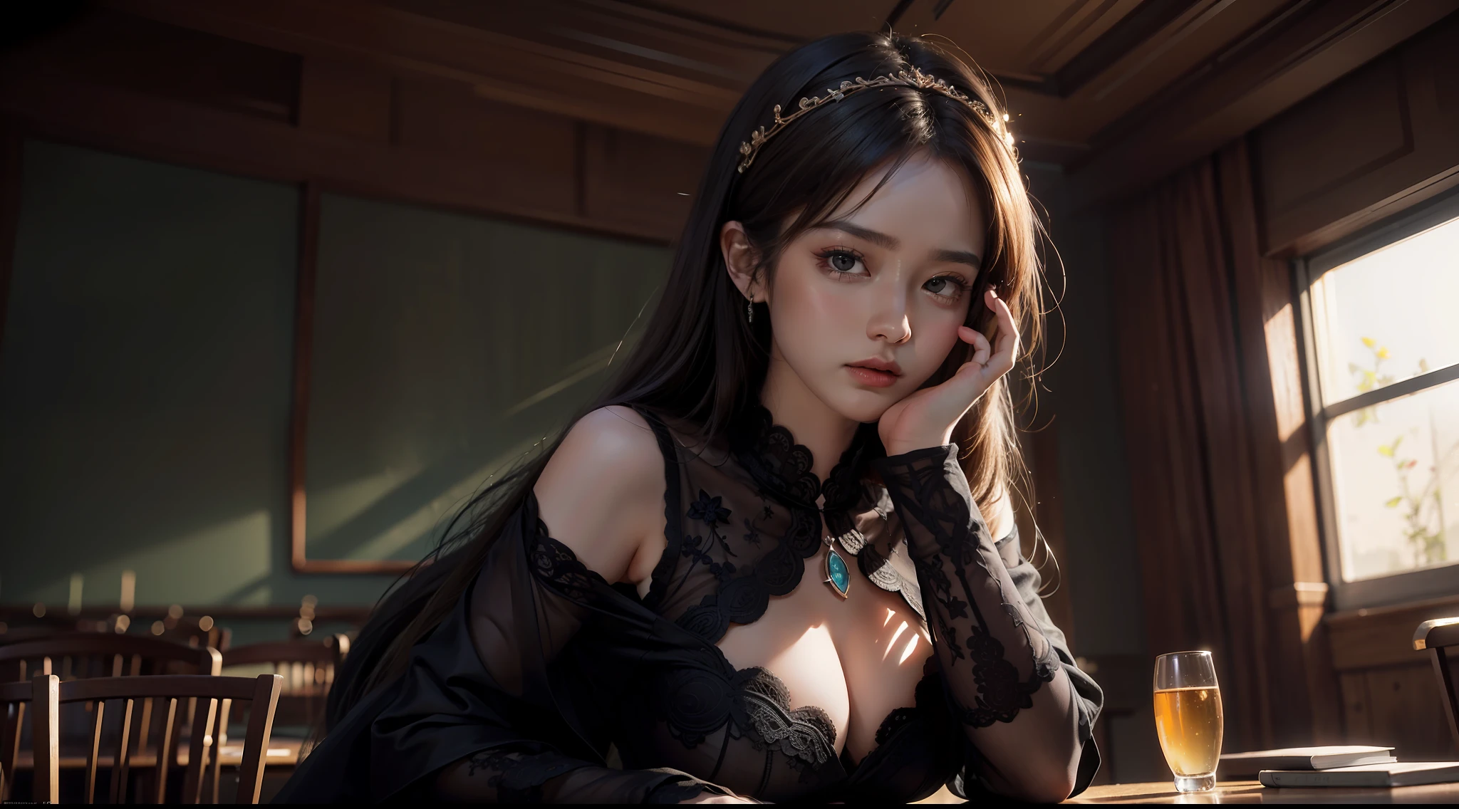 (Award-winning digital artwork:1.3) af (sketching:1.3),(Saturation:1.3),(Close portrait:1.3),(femele:1.4),(big breasts beautiful: 1.4),(carismatic:1.3),Perfect Detailed Eyes,Classroom,Mature woman,Large breasts,Raised sexy,complex patterns,Film filter, ,dramatics,dynamicposes,illusory engine, (High detail: 1.9),the setting sun