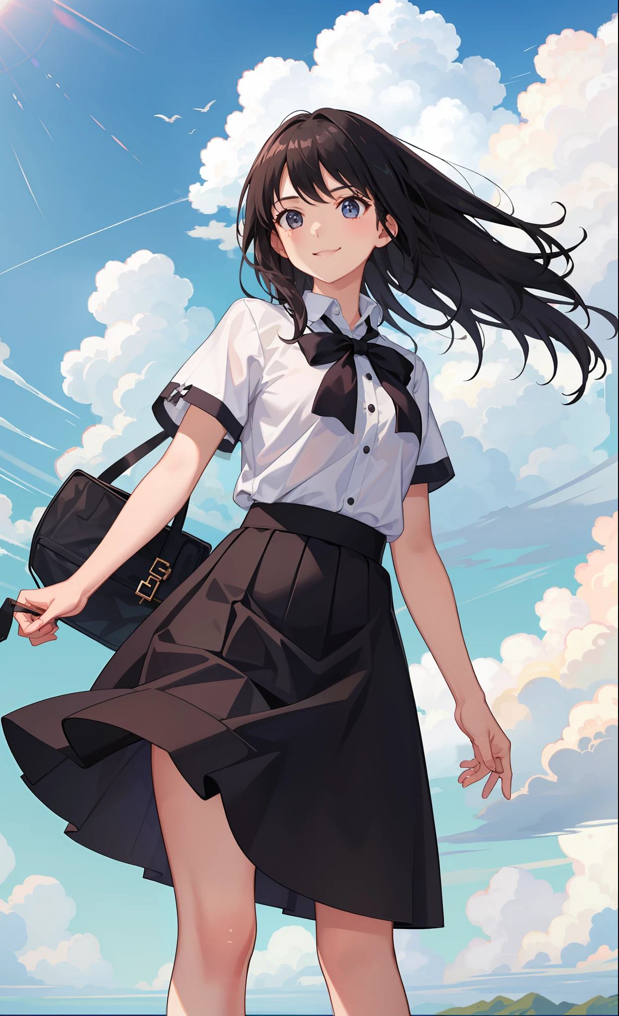 1girl in、a smile、The shirt、blouse、skirt by the、(small tits)、Chilarism、movement、the wind、