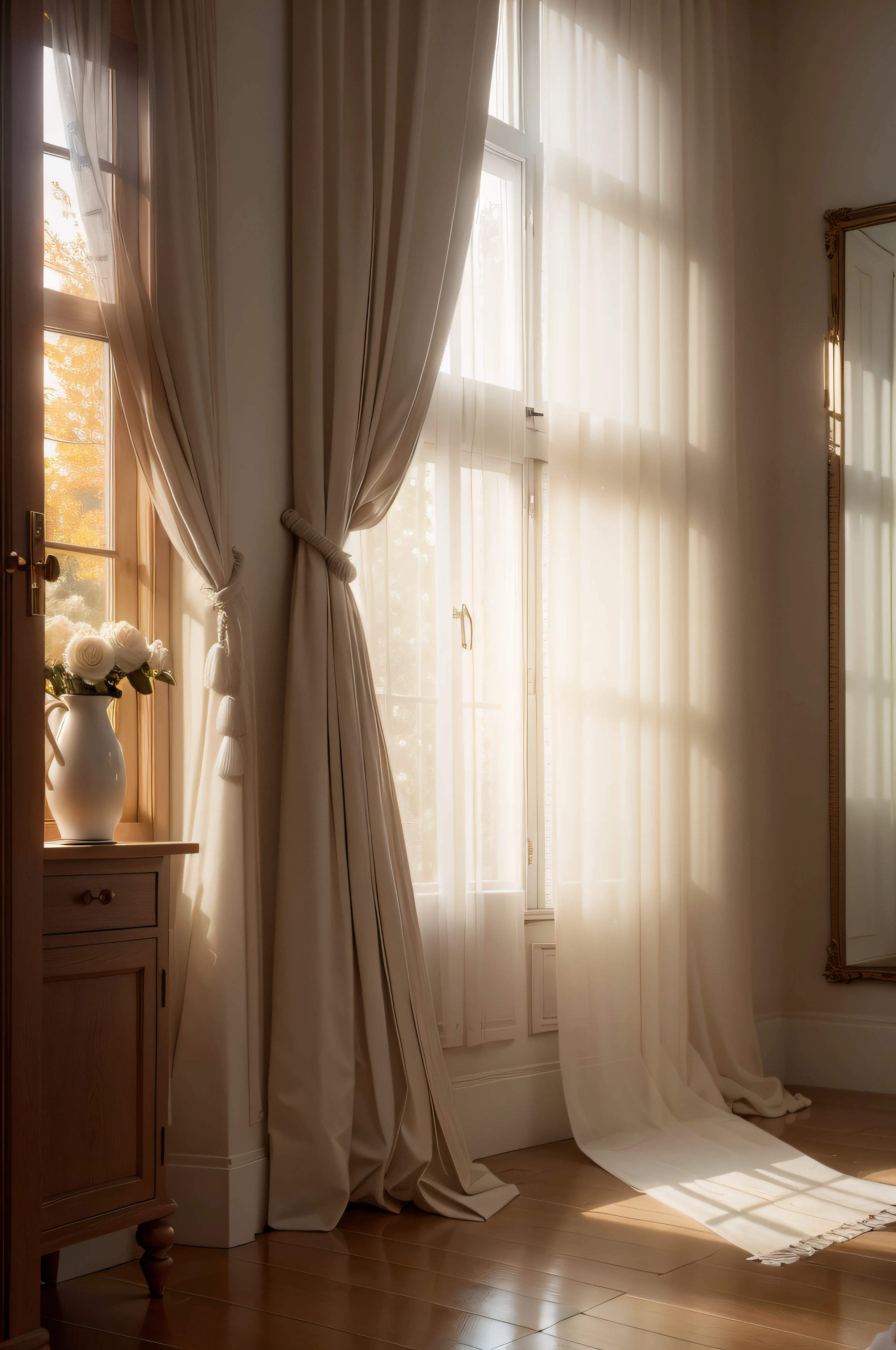 Flowing curtains in Morandi style, Clean white walls, ((Tyndall light effect)), Clean wooden floor, Cinematic texture, tmasterpiece, Epic composition, high qulity, offcial art, 32K, cinematic lighting, Sony FE GM