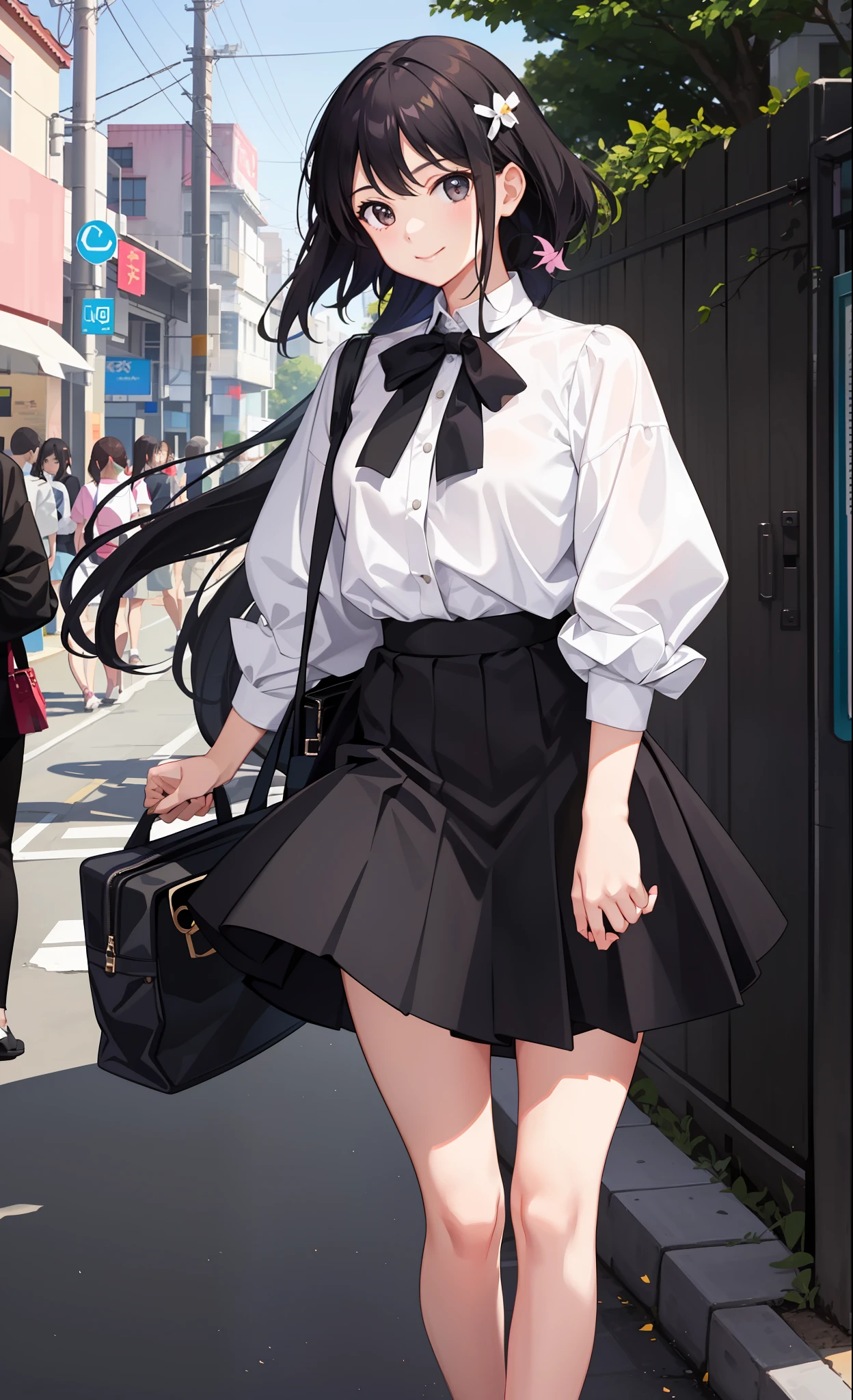 1girl in、a smile、The shirt、blouse、skirt by the、(small tits)、Chilarism、movement、the wind、