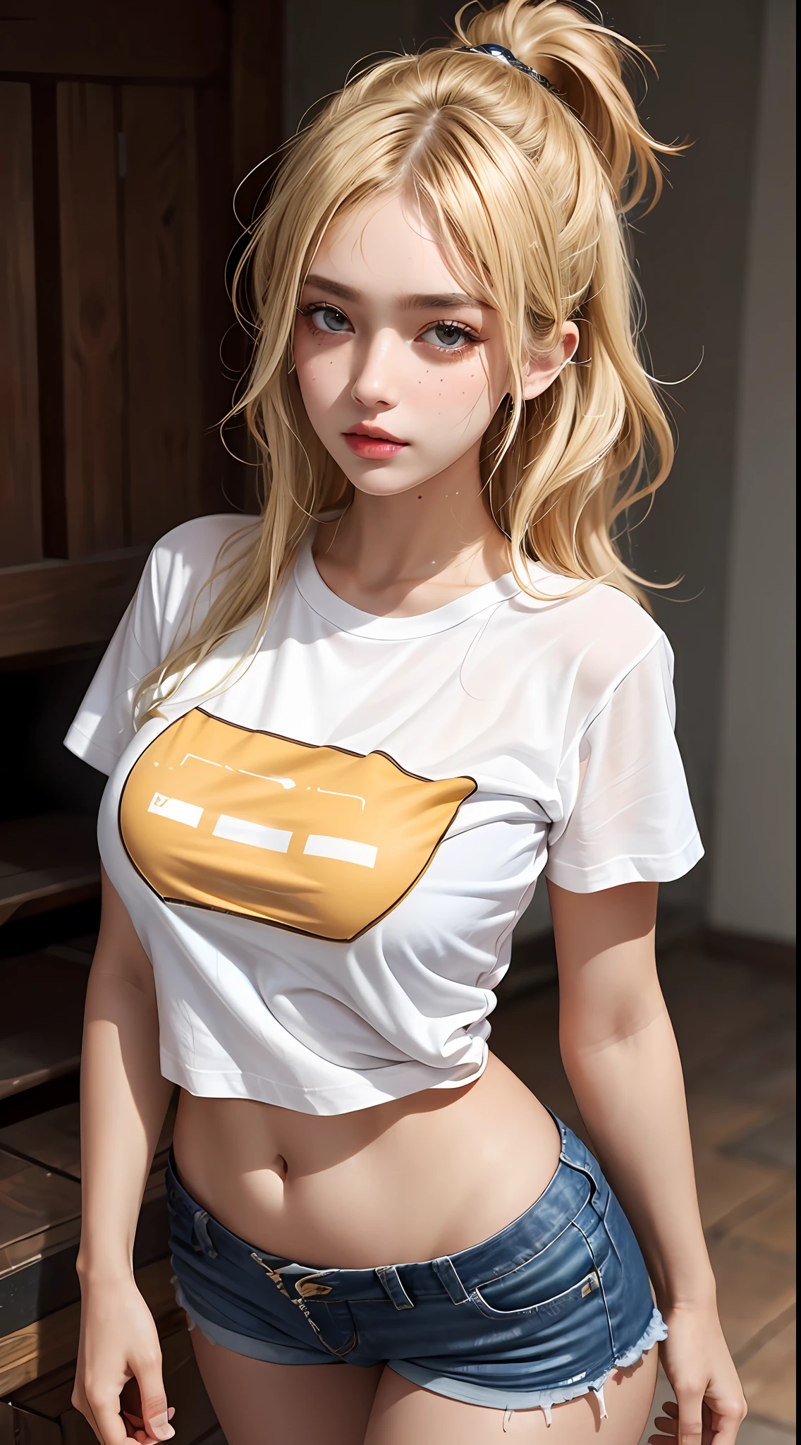 (1girl),large breasts, breasts, tan, dewy skin, sweaty skin, wavy blonde hair, punk tshirt, punk girl