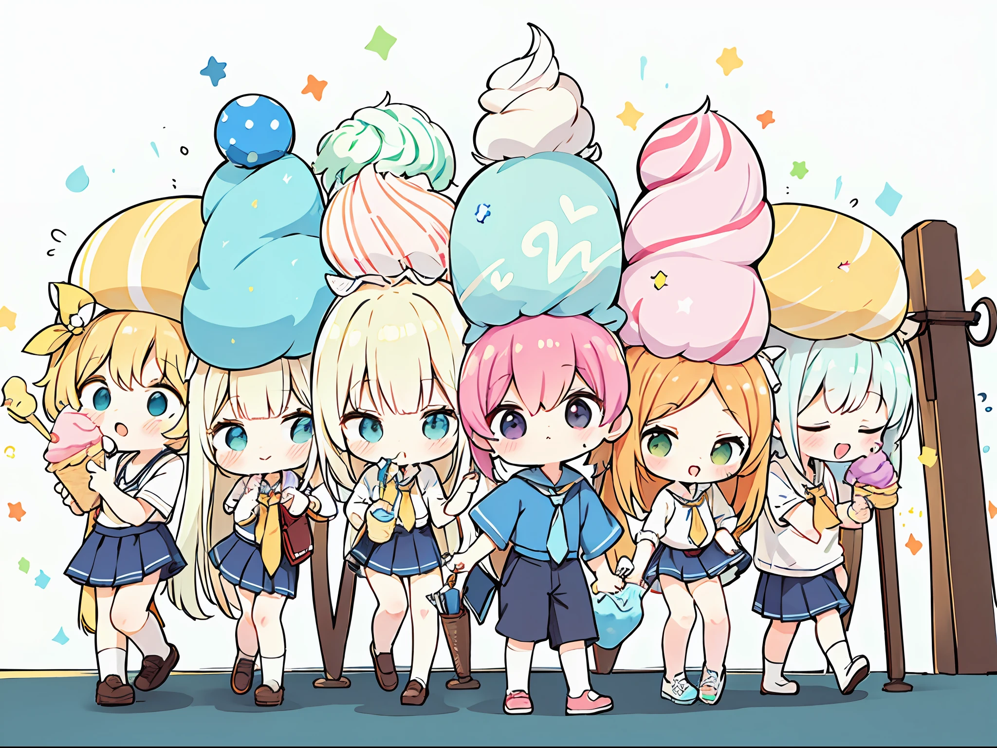 masterpiece, handdraw, Pop illustrations, Pop colors, PastelColors, colourfull, 2boy, High School Boys, Chibi, After school,Eat while walking, Triple Scoop Ice Cream , Ice Cream Tower, Sounds like fun,