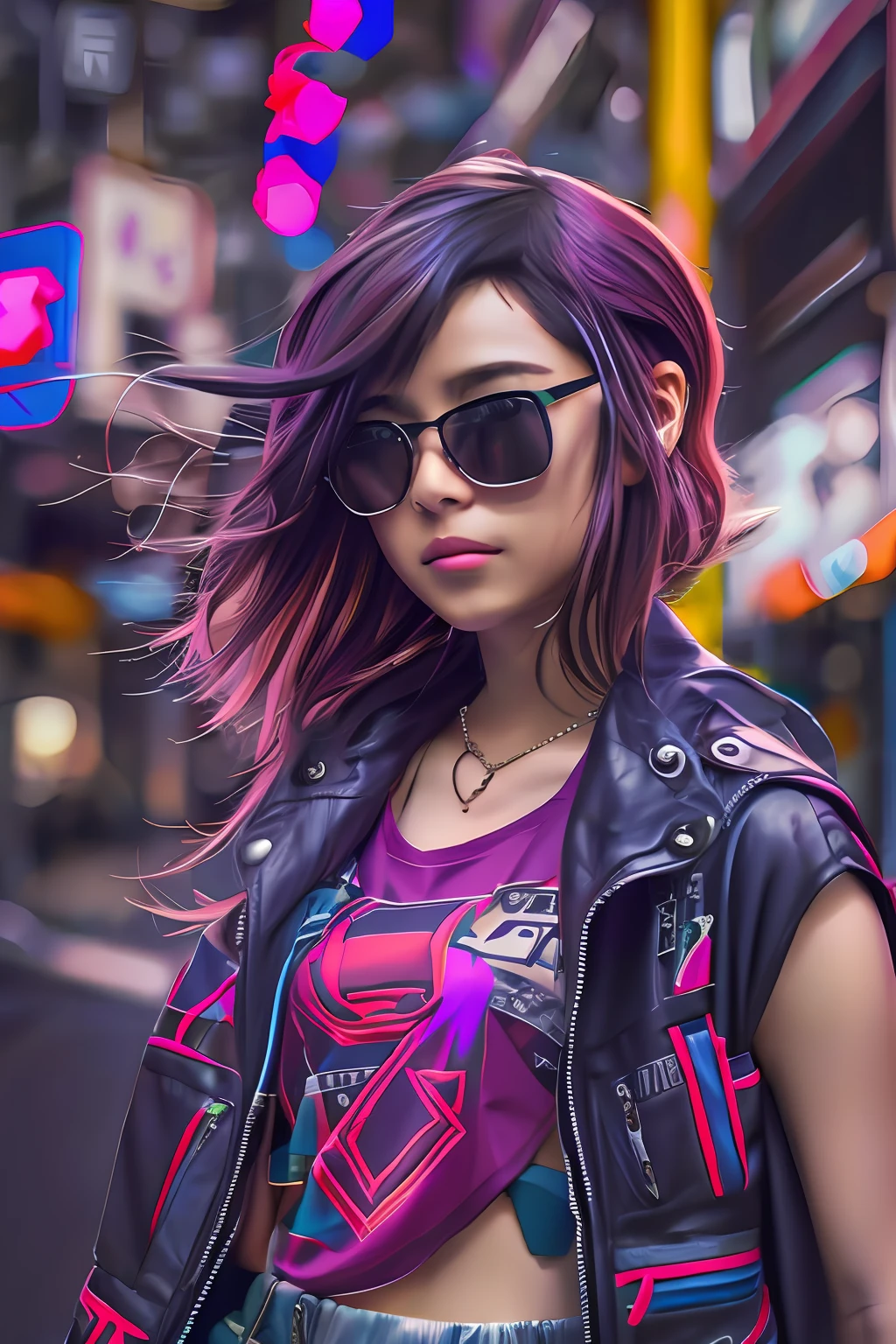 Hermosa mujer de cabello mediano, cabello con coleta, gafas de aviador, ropa corta de estilo cyberpunk, en una calle de Tokio, ciudad moderna,