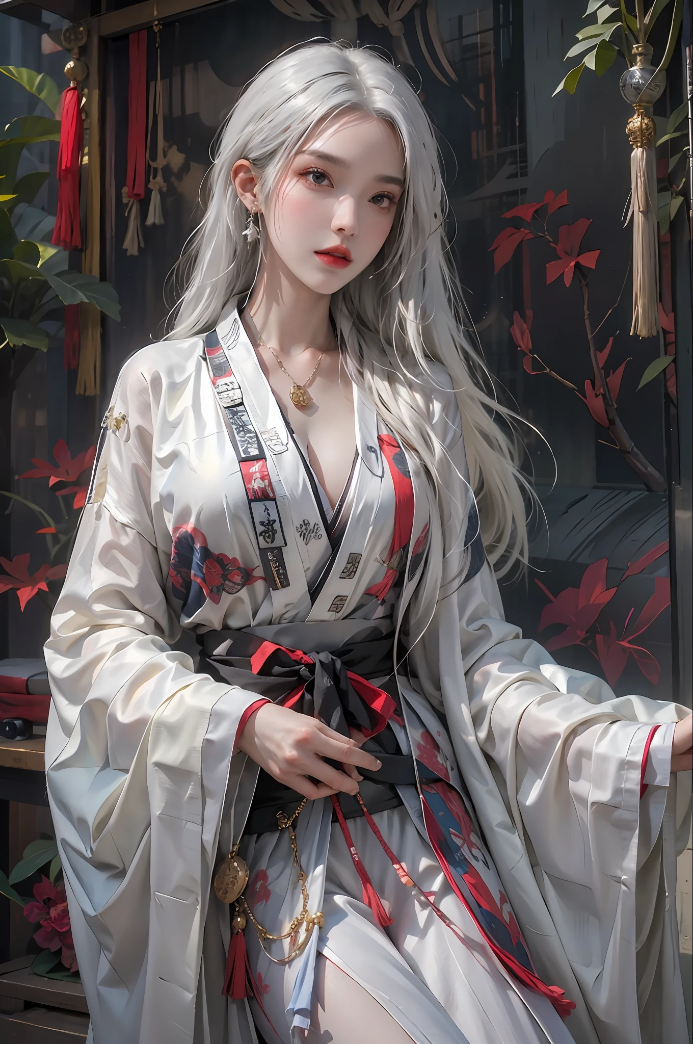 photorealistic, high resolution, 1women, solo, hips up, look at viewer, (detailed face), white hair, long hair, Taoist robe,oversized clothes, midjourney portrait, jewelry