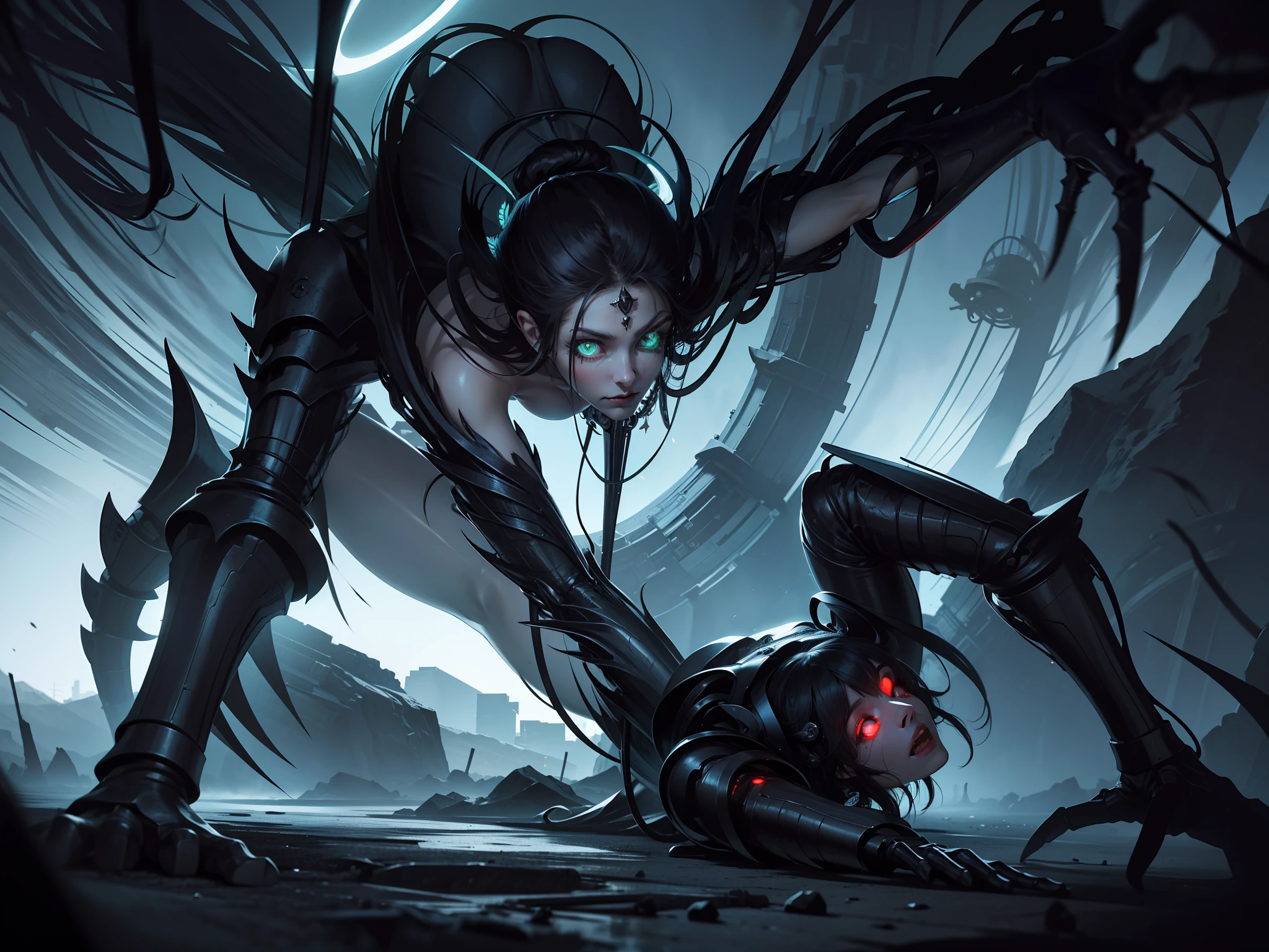hyper super ultra detailed perfect piece, illustration, ((crawling forward)), masterpiece, (perfect anatomy), ((EXTRA HALO)), (evil personality), (go mad eyes), black hair, black dress, green eyes, intricate details, best quality, ((Solo)), ((EXTRA body)), Body Horror Creatures, side EXTRA arms, (EXTRA arms), (multi arms), EXTRA side arms, (EXTRA arms), insanevoid, glowing eyes, extra eyes, horror \(theme\)